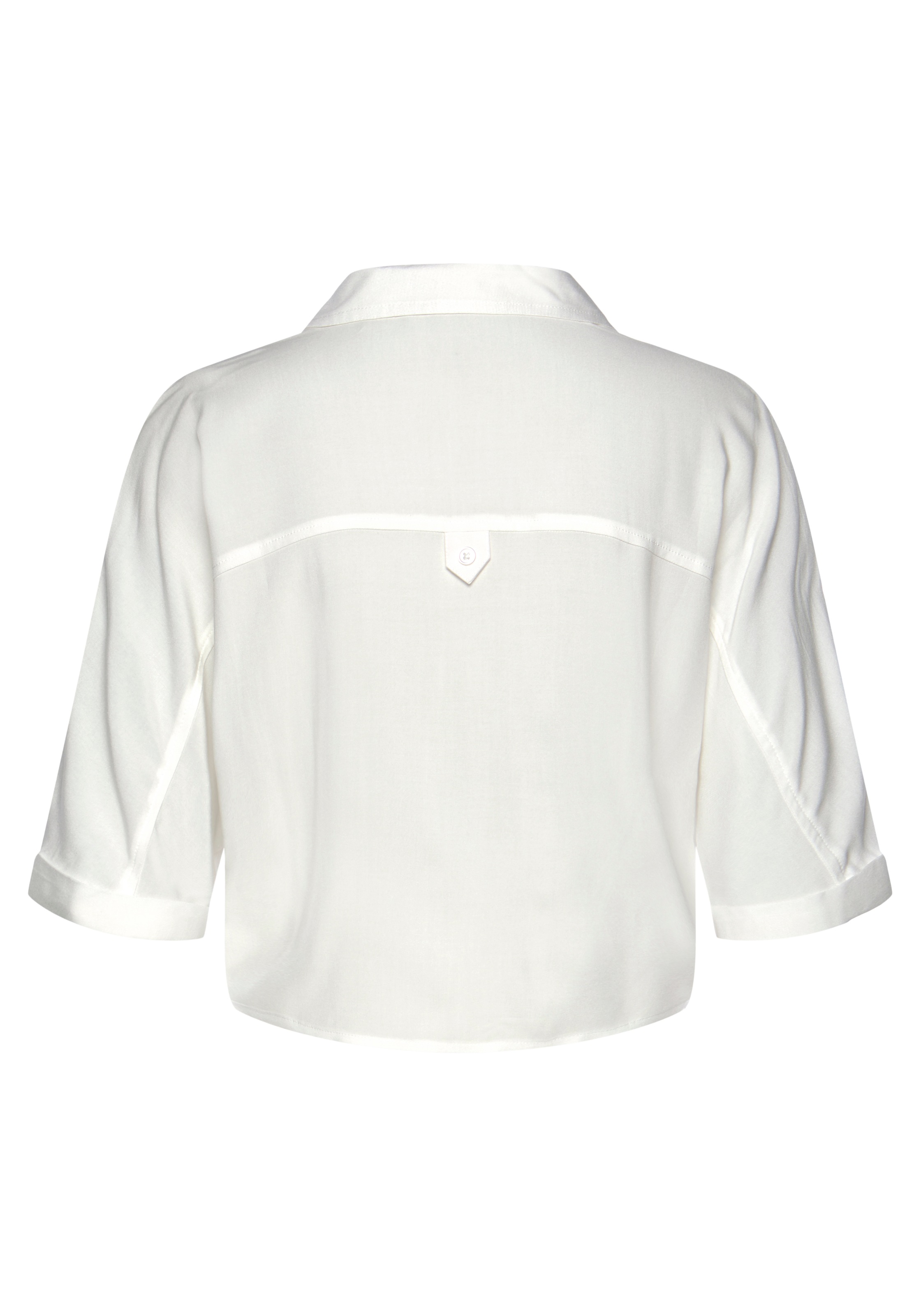 Kurzarmbluse LASCANA, Damen, Gr. 40, beige (creme), Web, Obermaterial: 100% Viskose, unifarben, figurumspielend hüftlang, V-Ausschnitt, Aufschlag, Blusen, mit Knotendetail und Knopfleiste, Hemdkragen, Damenbluse 3