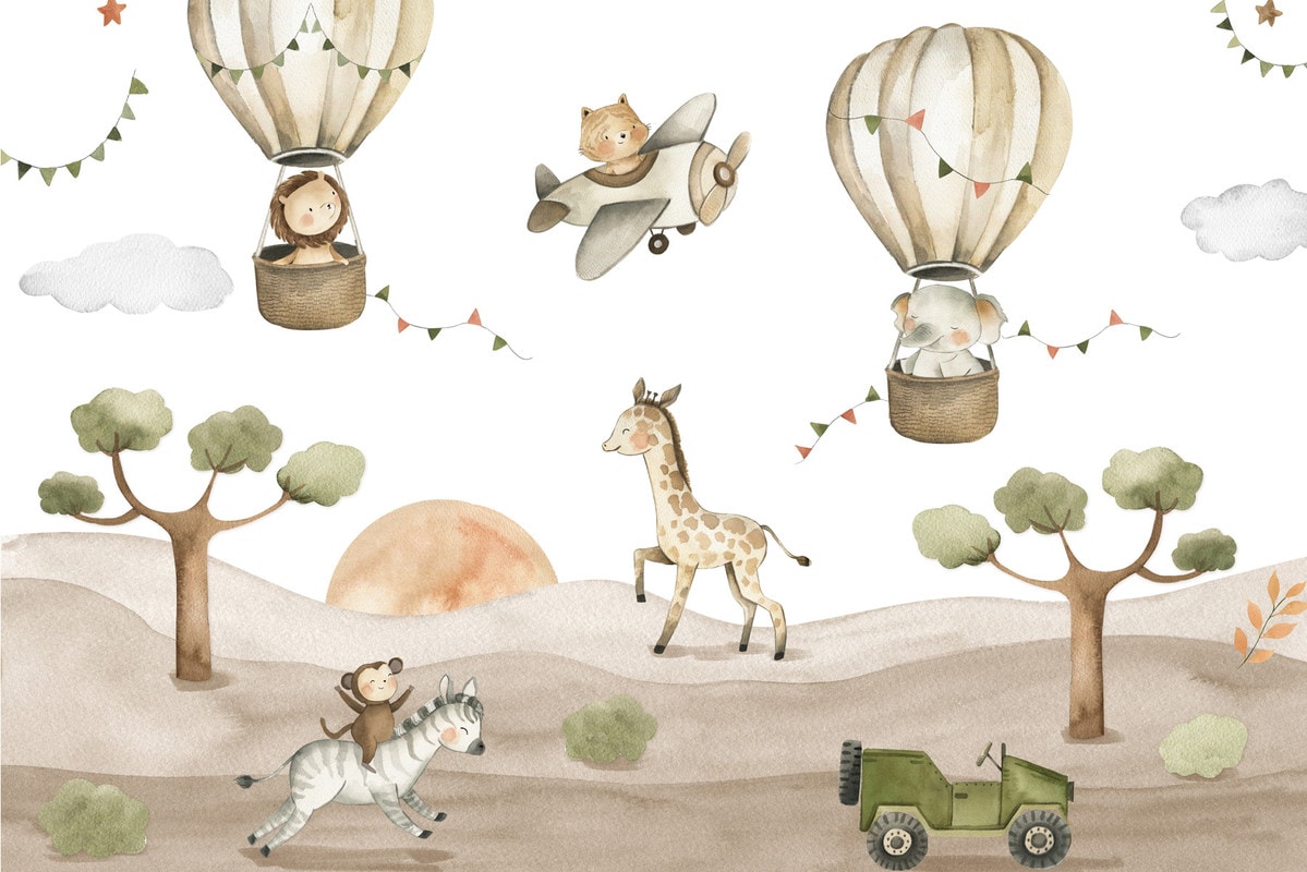 A.S. Création "Safaritapete Tiere Heißluftballon Beige Grün" matt glatt