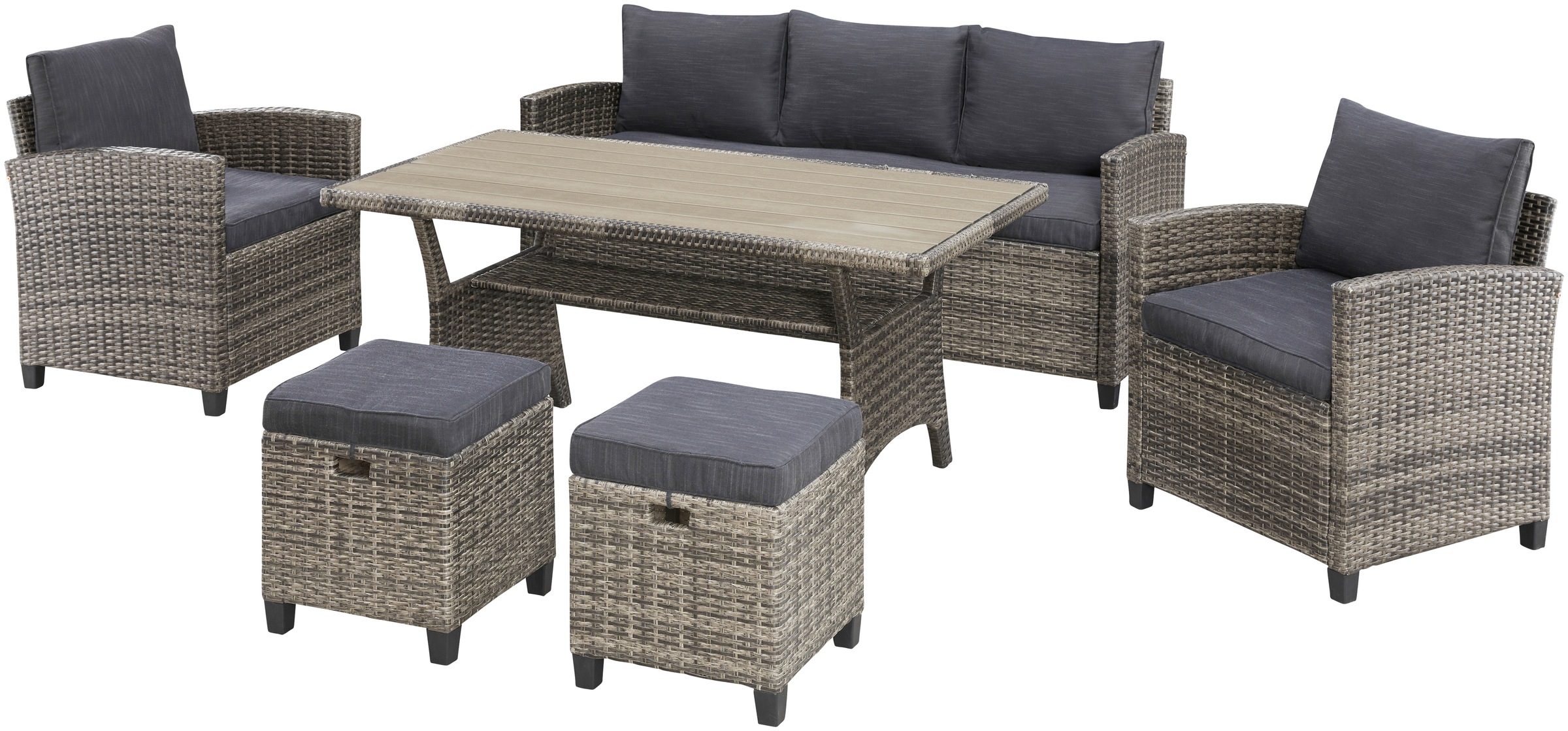 KONIFERA Gartenlounge-Set »Amsterdam«, (Set, 16 tlg., 1x 3er Sofa, 1x 2 Sessel, 2x Hocker, 1xTisch 144,5x74x67cm,Polyrattan), Stahl, Ablagefläche unter dem Tisch, Loungeset