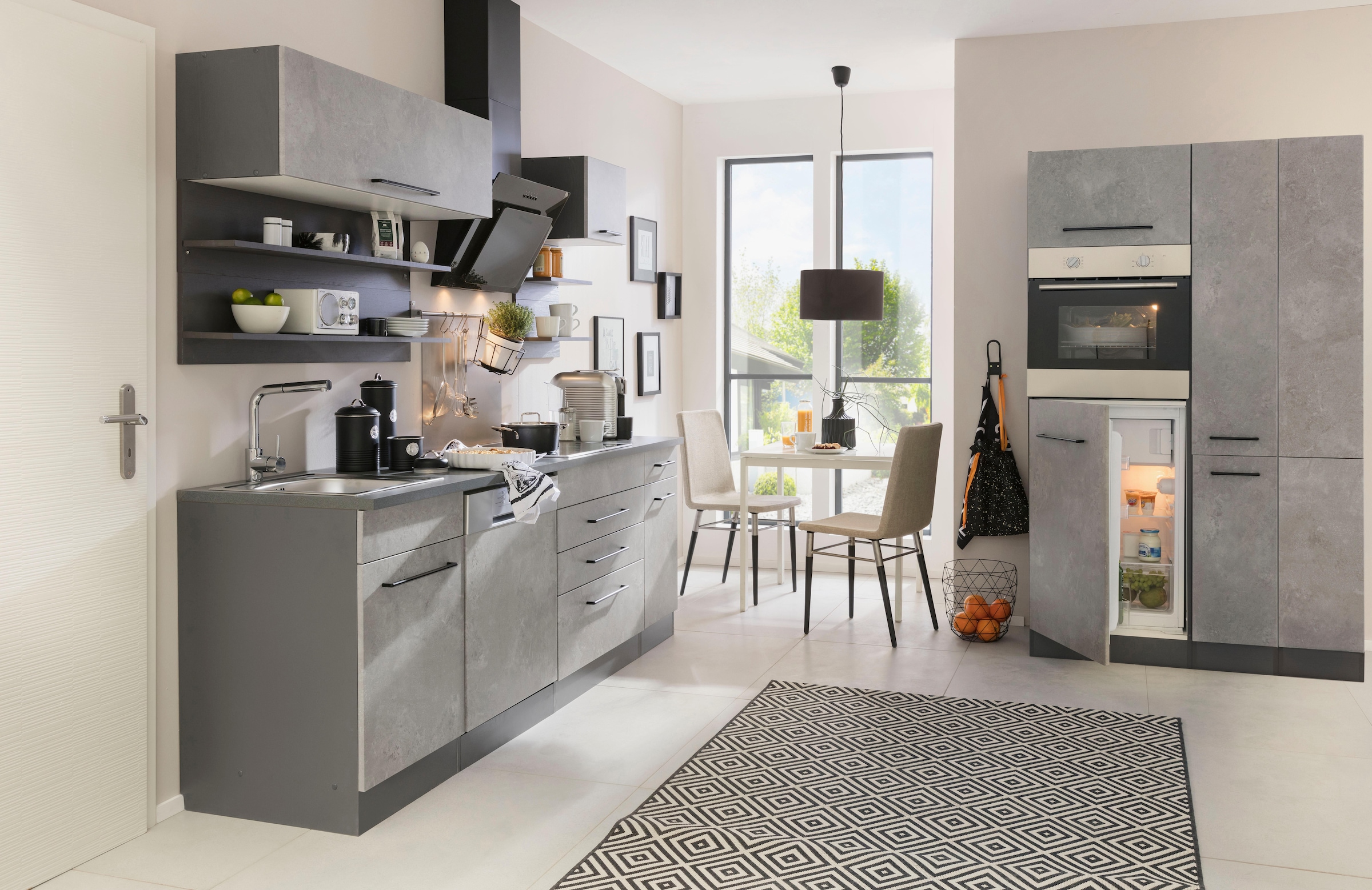 KOCHSTATION Küchenzeile »KS-Tulsa«, ohne E-Geräte, Breite 320 cm, schwarze Metallgriffe, MDF Fronten