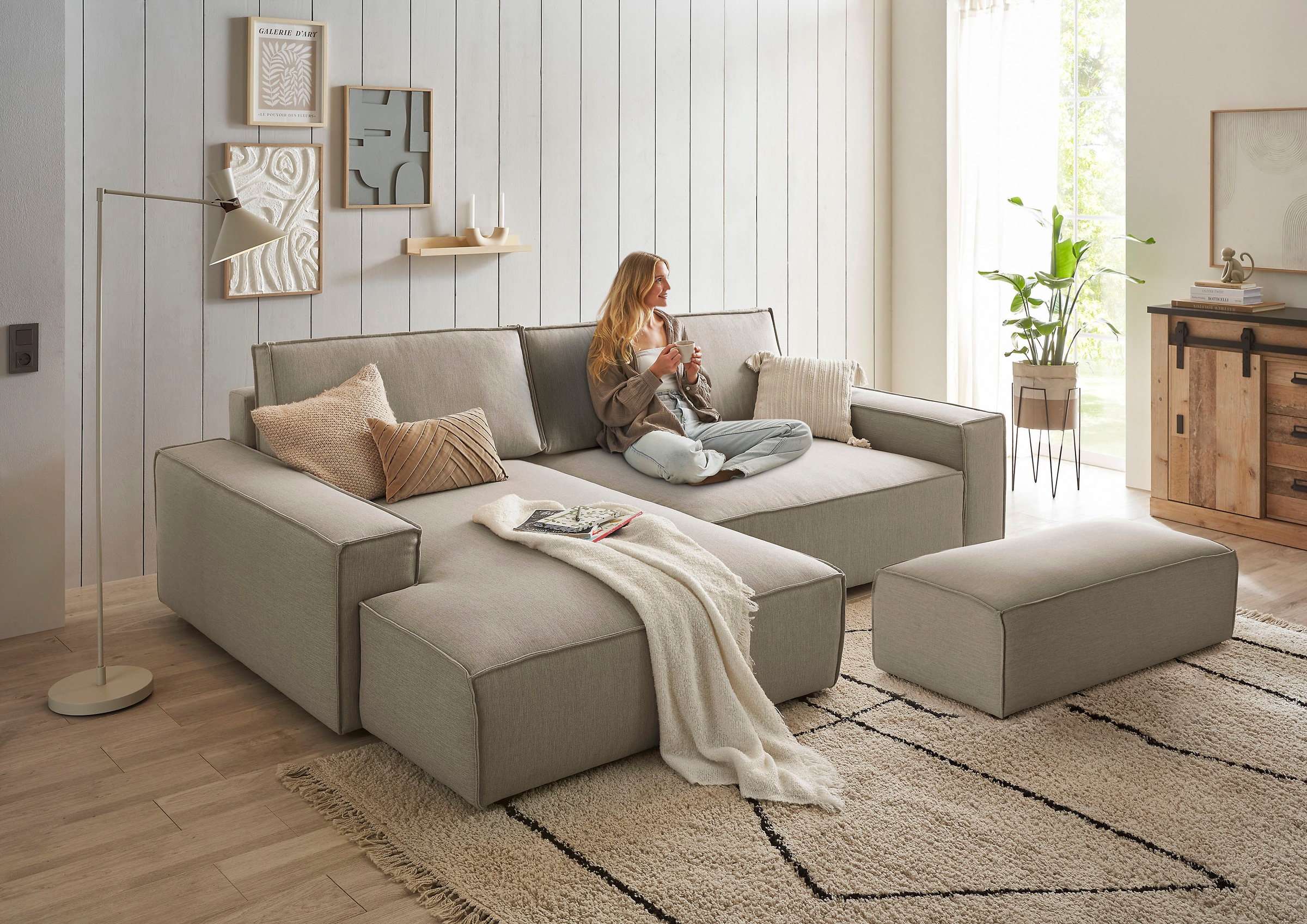 Home affaire Polsterecke »NEU: SHERWOOD XXL tief, L-Form mit Schlaffunktion, Big-Sofa mit Hocker«, (Set, 2 St.), stellbar zum Schlafsofa (Krokodilverbinder), Cord, Leinenoptik