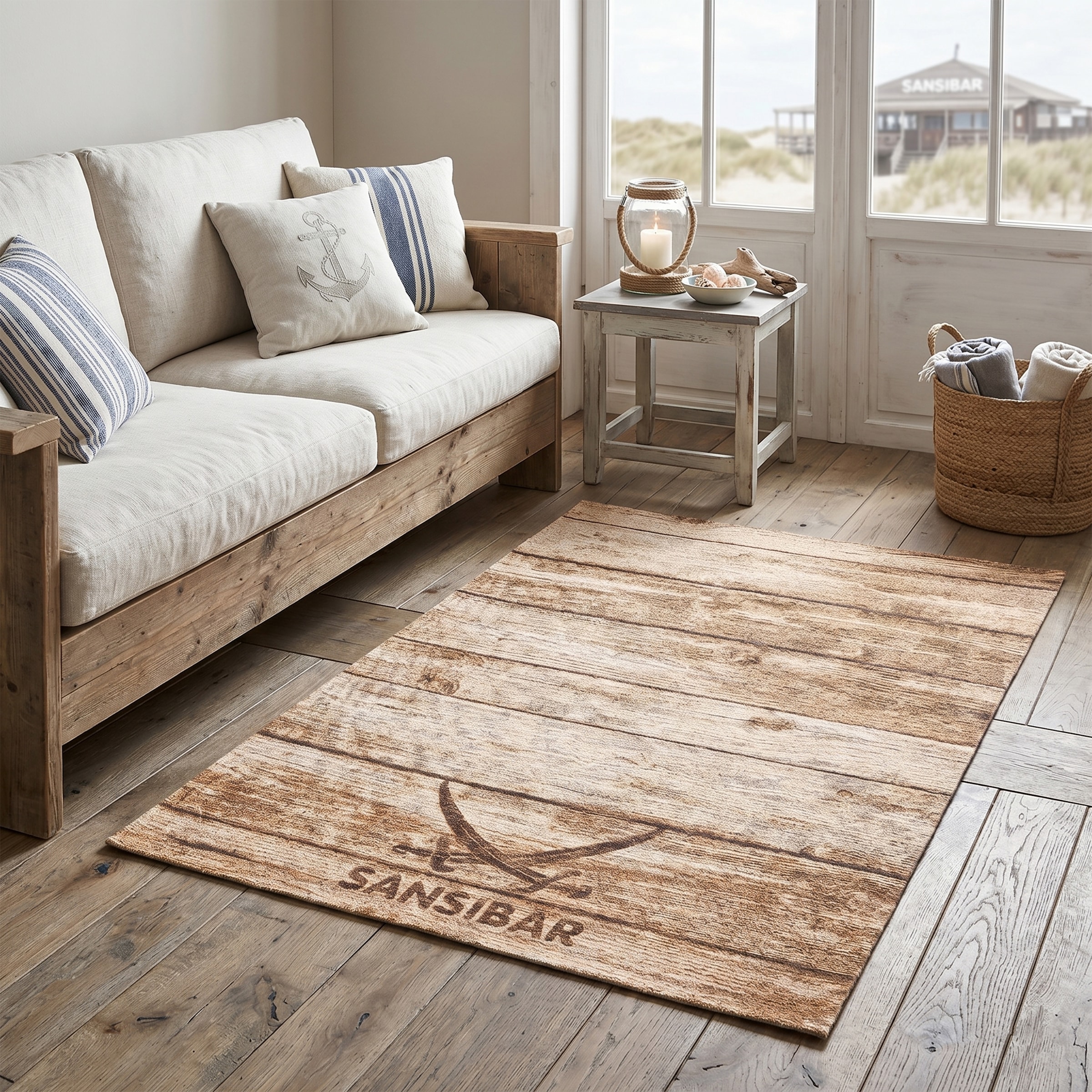 Sansibar Teppich "Keitum 009" rechteckig 3 mm Höhe Flachgewebe, Motiv Holzdielen & gekreuzte Säbel