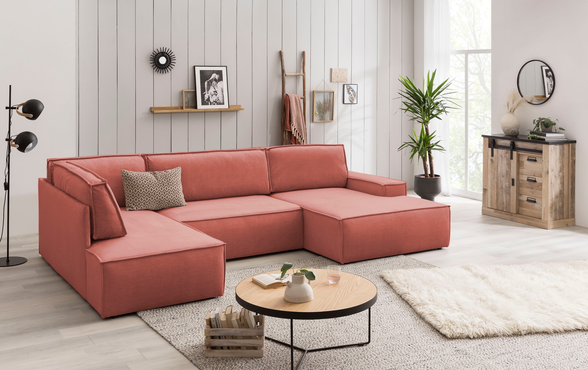 Home affaire Wohnlandschaft »SHERWOOD 329 cm, U-Form, Schlafsofa,«, Schlaffunktion m. Bettkasten (194x139 cm), Cord, Vintage, Samtvelours