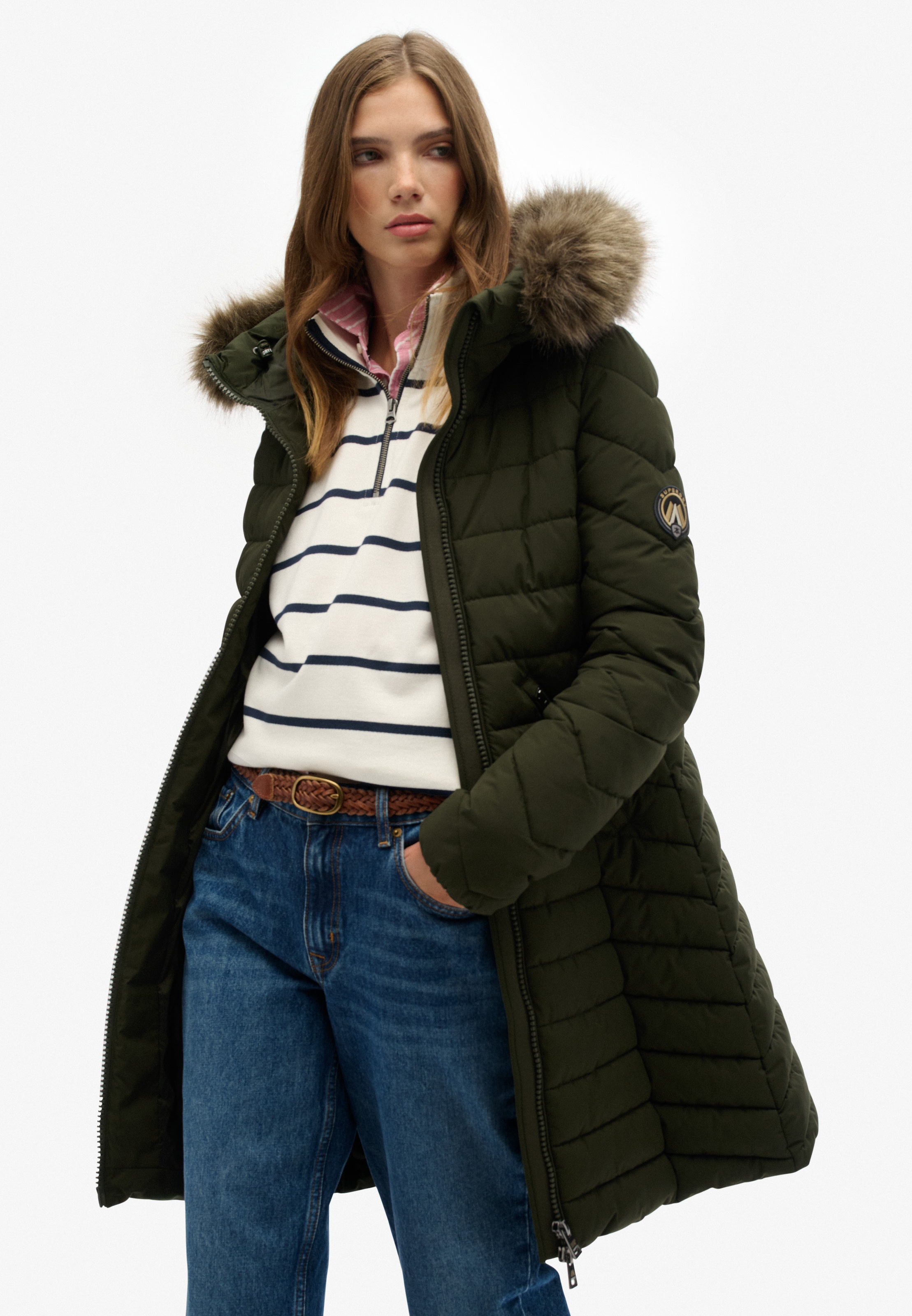 Superdry Steppjacke »FUJI FAUX FUR HOOD MID LENGTH«, mit Kapuze