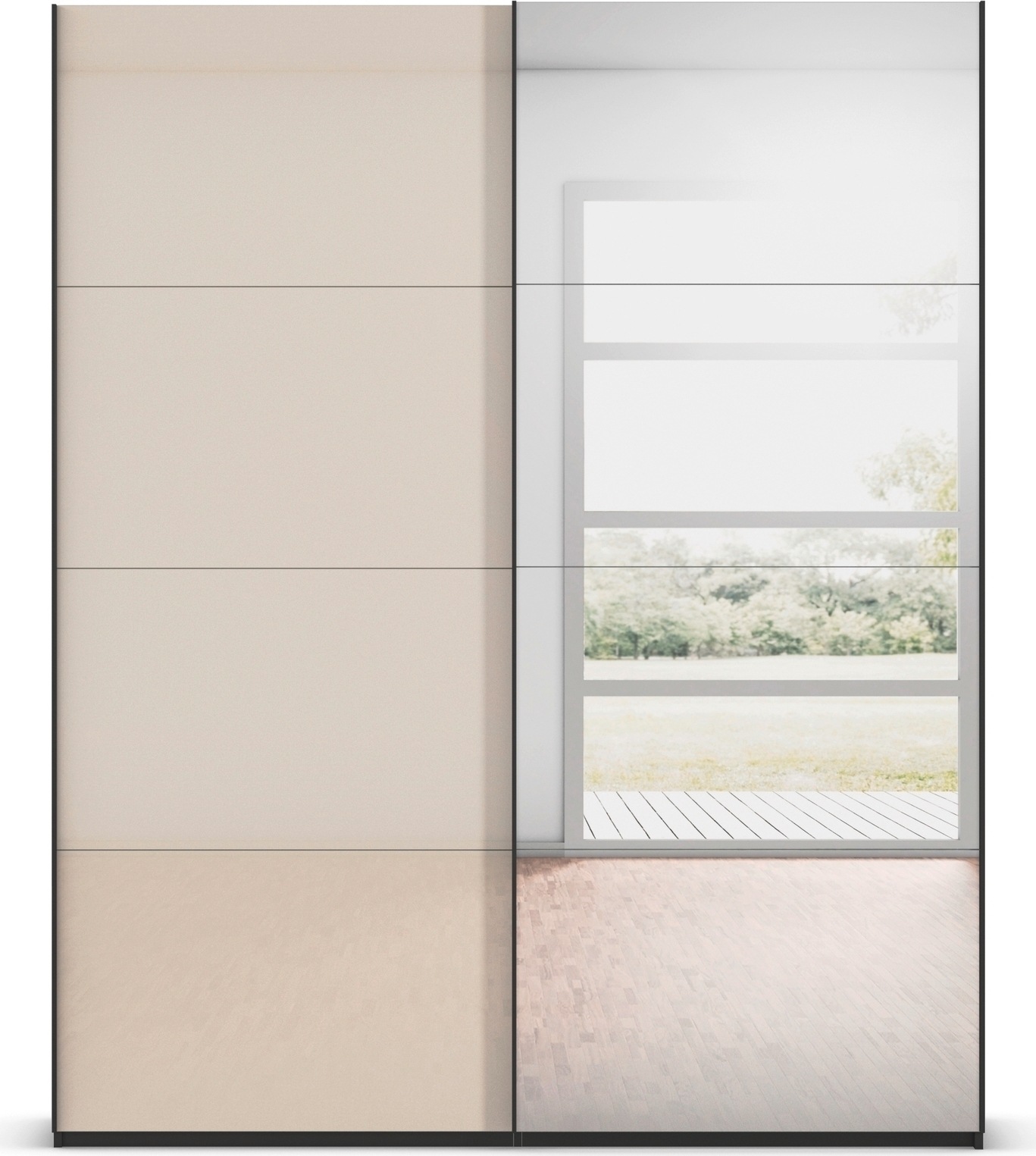 rauch Schwebetürenschrank »Kleiderschrank Schrank Garderobe Schlafzimmerschrank SCALE-FYRA«, edle viergeteilte Türen Spiegel/Glas-Mix viele Farben MADE IN GERMANY