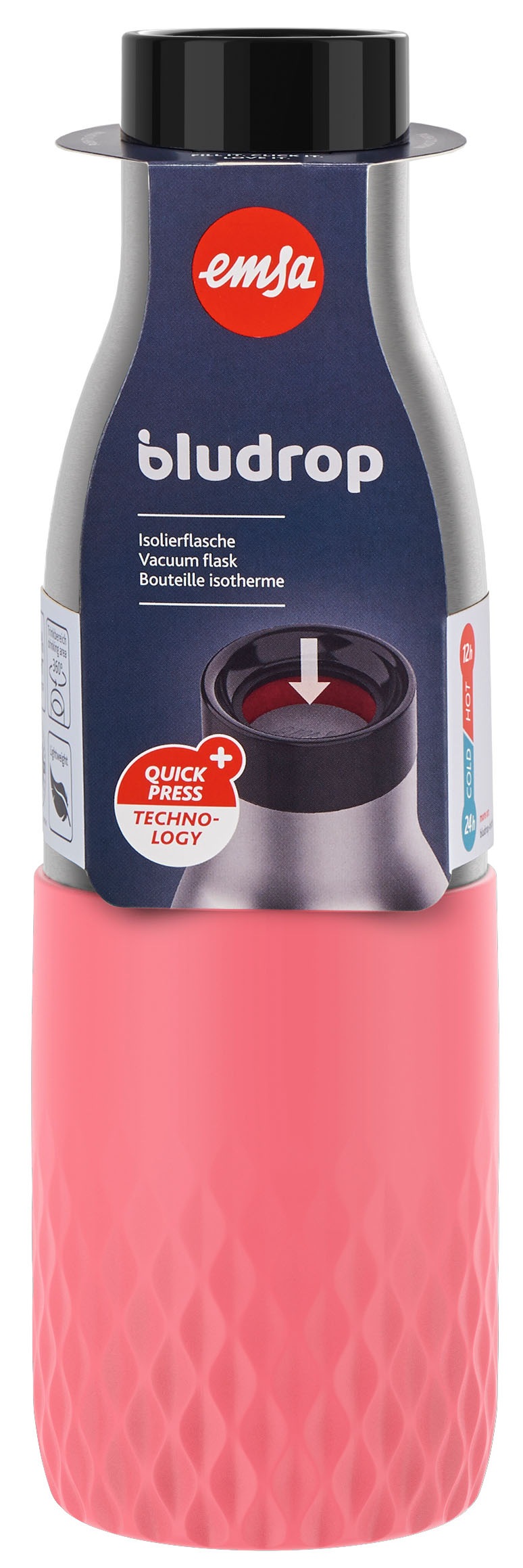 Emsa Trinkflasche "Bludrop Sleeve" Edelstahl/Silikon, Quick-Press, 12h warm günstig online kaufen