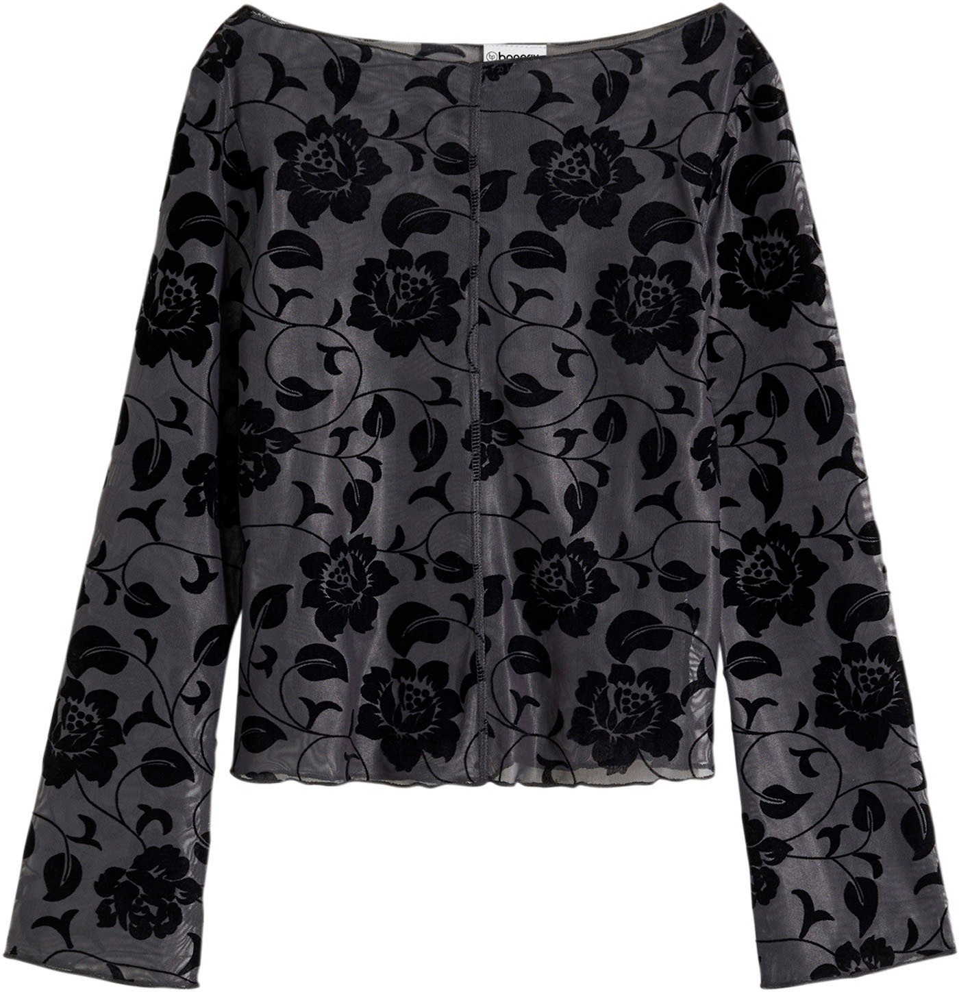 bonprix Langarmshirt »Langarmshirt mit leichter Transparenz« eng anliegende Passform, mit leichter Transparenz, mit Flock-Print