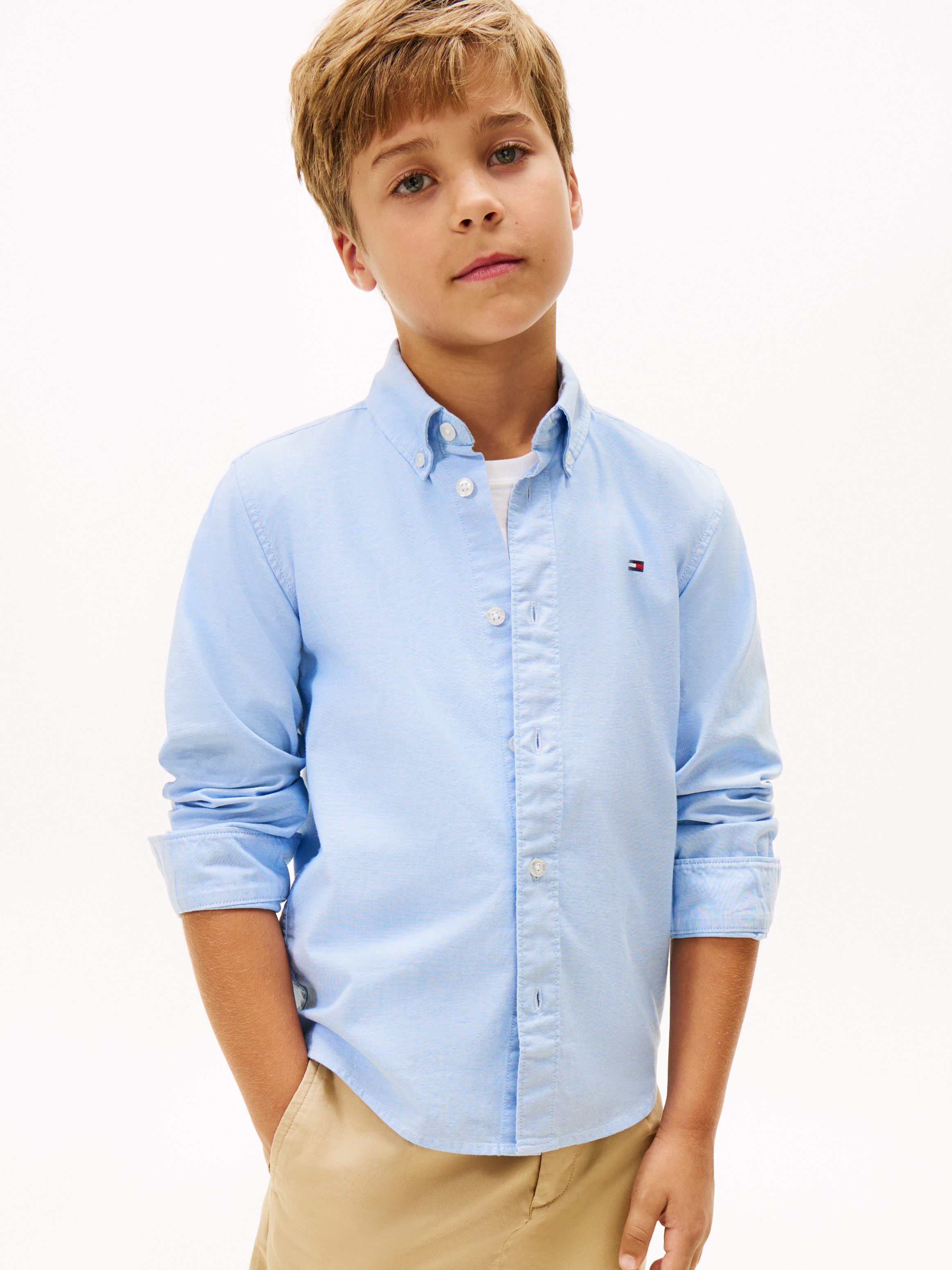 TOMMY HILFIGER Jungen Langarmhemd "FLAG OXFORD SHIRT LS", blau, Gr. 6, unifarben, Web, Obermaterial: 97% Baumwolle, 3% Elasthan, Hemden, mit