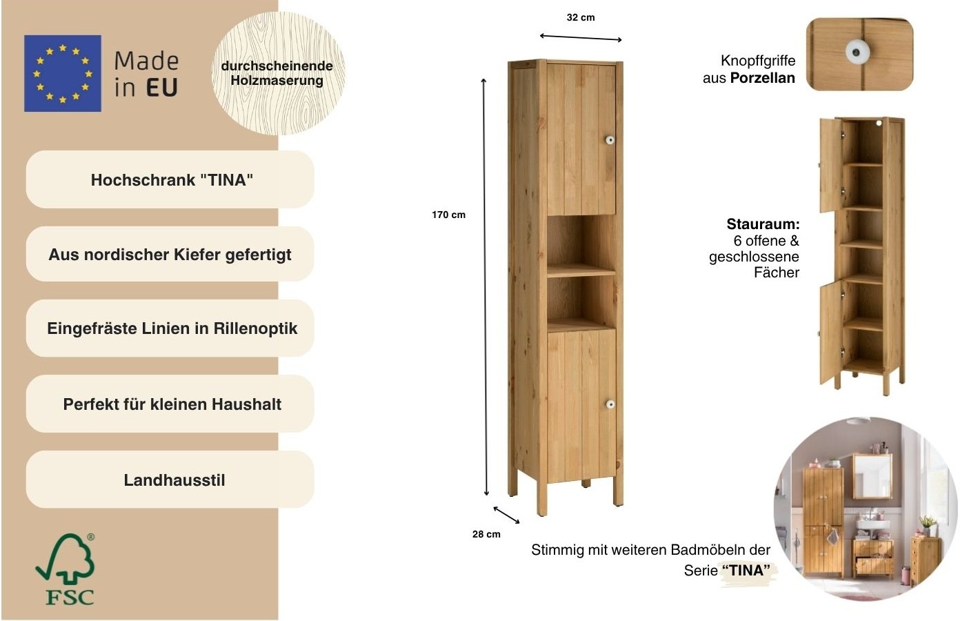 Home affaire Hochschrank »Tina« Badmöbel,  Schrank, Breite 31,5 cm, Massivholz, FSC®