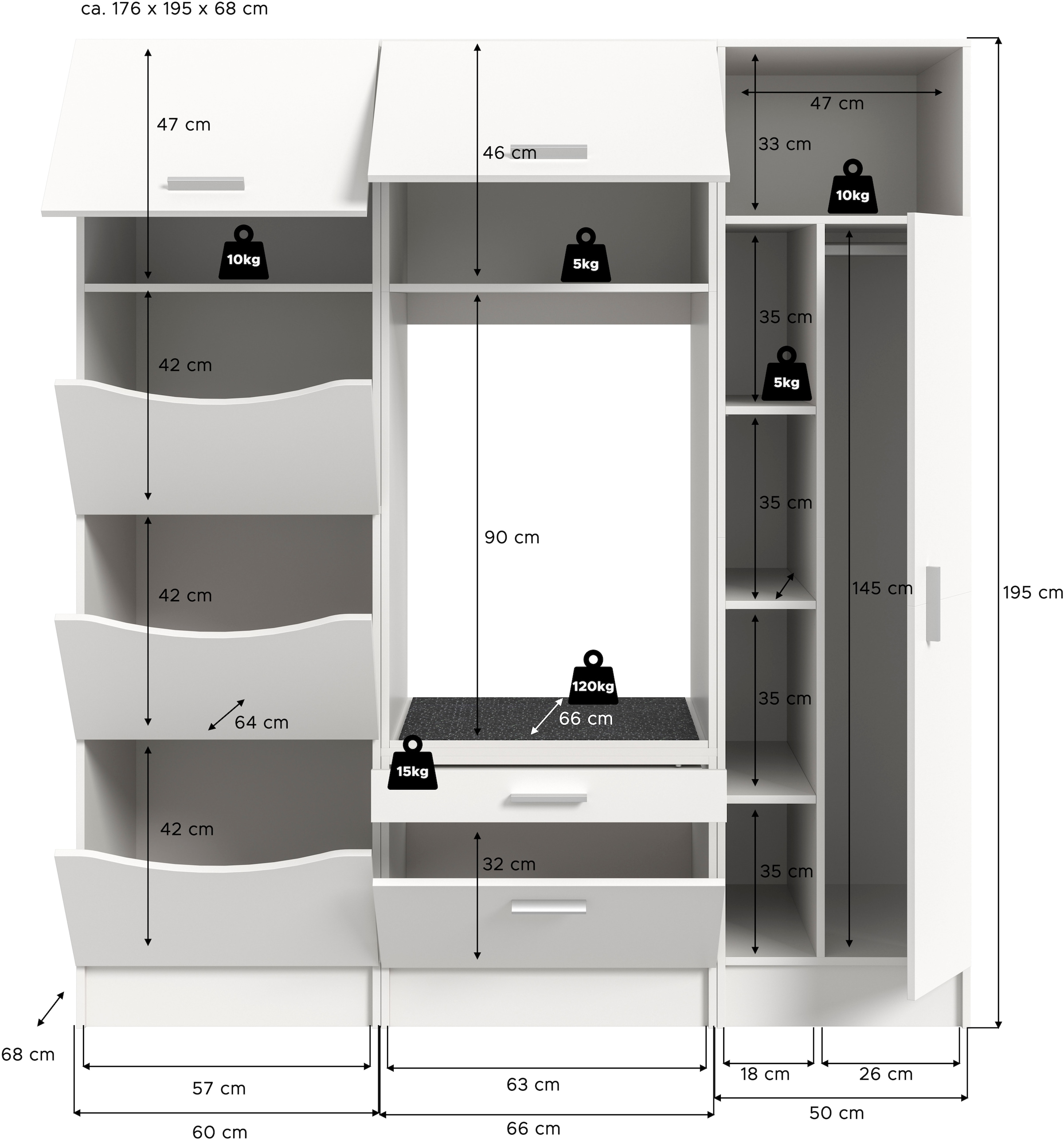 welltime Badmöbel-Set »FALAS, TOPSELLER!, 3-teilig, Hauswirtschaftsraum Set, Breite 176 cm«, (Set, 3 St., 1x Wäscheschrank, 1x Waschmaschinenumbauschrank, 1x Mehrzweckschrank), Kombination, Waschmaschinenumbau, Waschmaschinenschrank, Wäschekammer