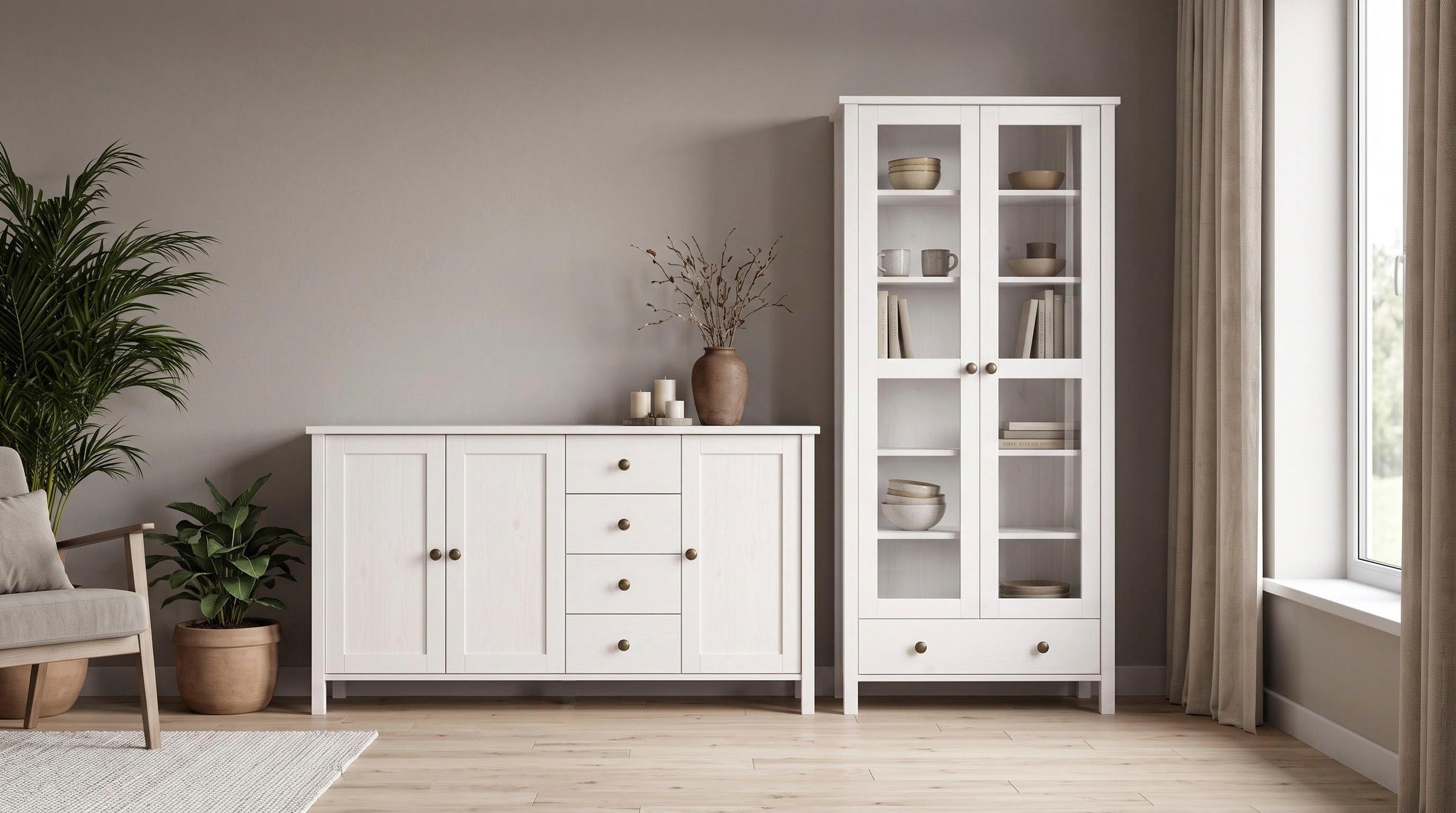 OTTO home Vitrine »Mikkeli Glasvitrine mit 1 Schubkasten, Knopfgriffen aus Metall« aus massiver FSC®-zertifizierter Kiefer, moderner Landhausstil