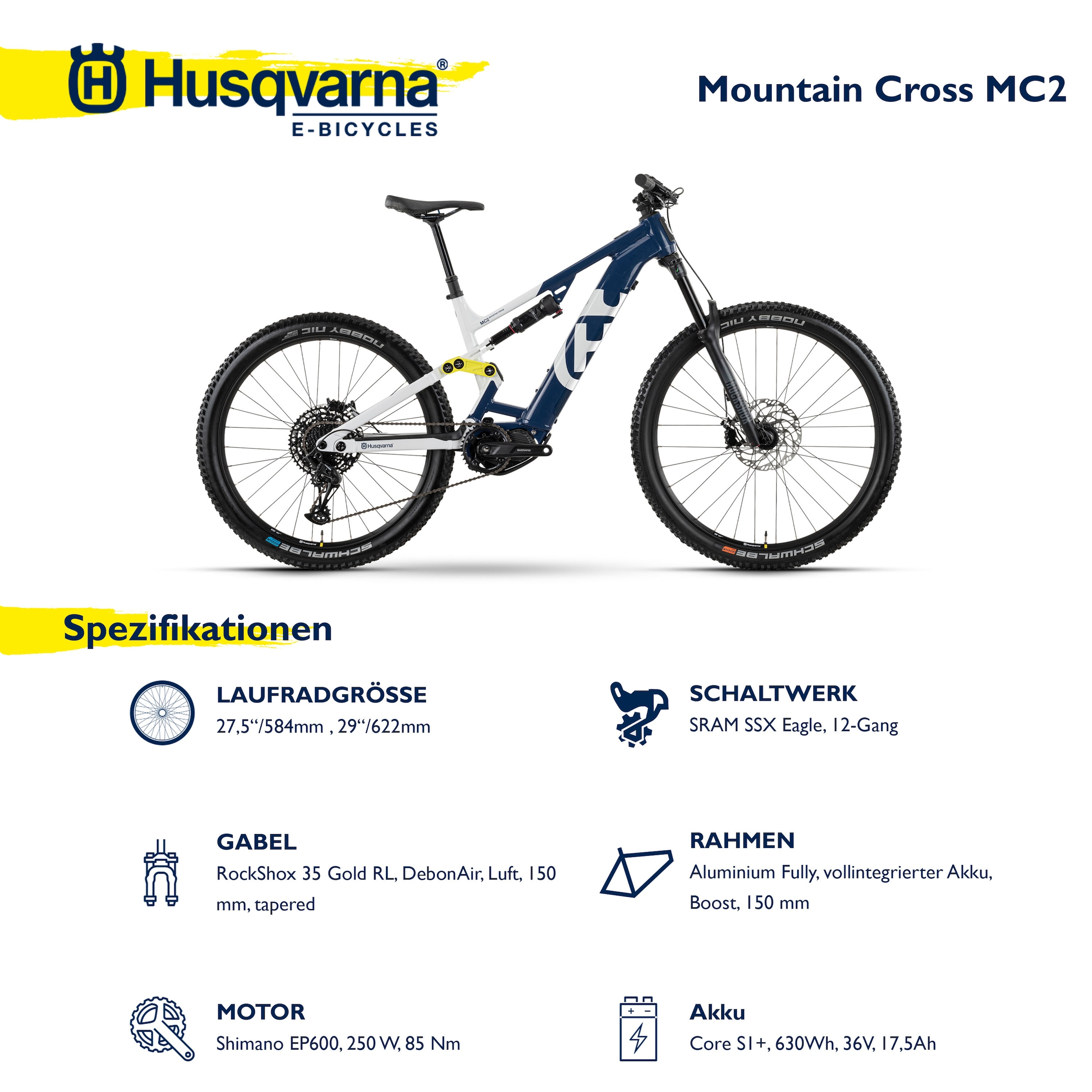 Husqvarna E-BICYCLES E-Bike »E-Mountainbike Cross MC2«, 12 Gang, SRAM, SX Eagle, Mittelmotor 250 W, Pedelec, Elektrofahrrad für Herren, MTB Mountainbike, Bluetooth