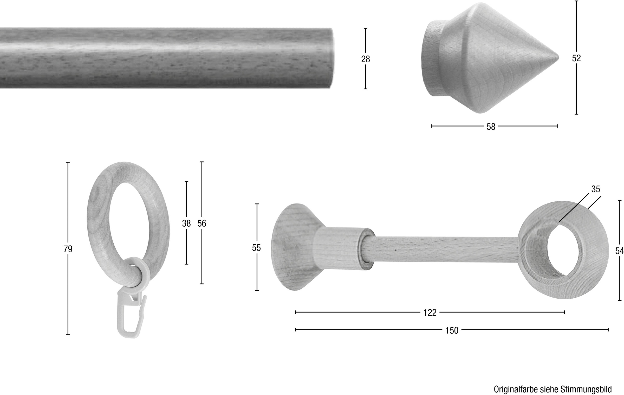 Thumbnail - GARESA Gardinenstange "Palmo" Ø 28 mm 1 läufig-läufig Wunschmaßlänge Vorhanggarnitur aus Holz, verlängerbar, mit Ringe/2...