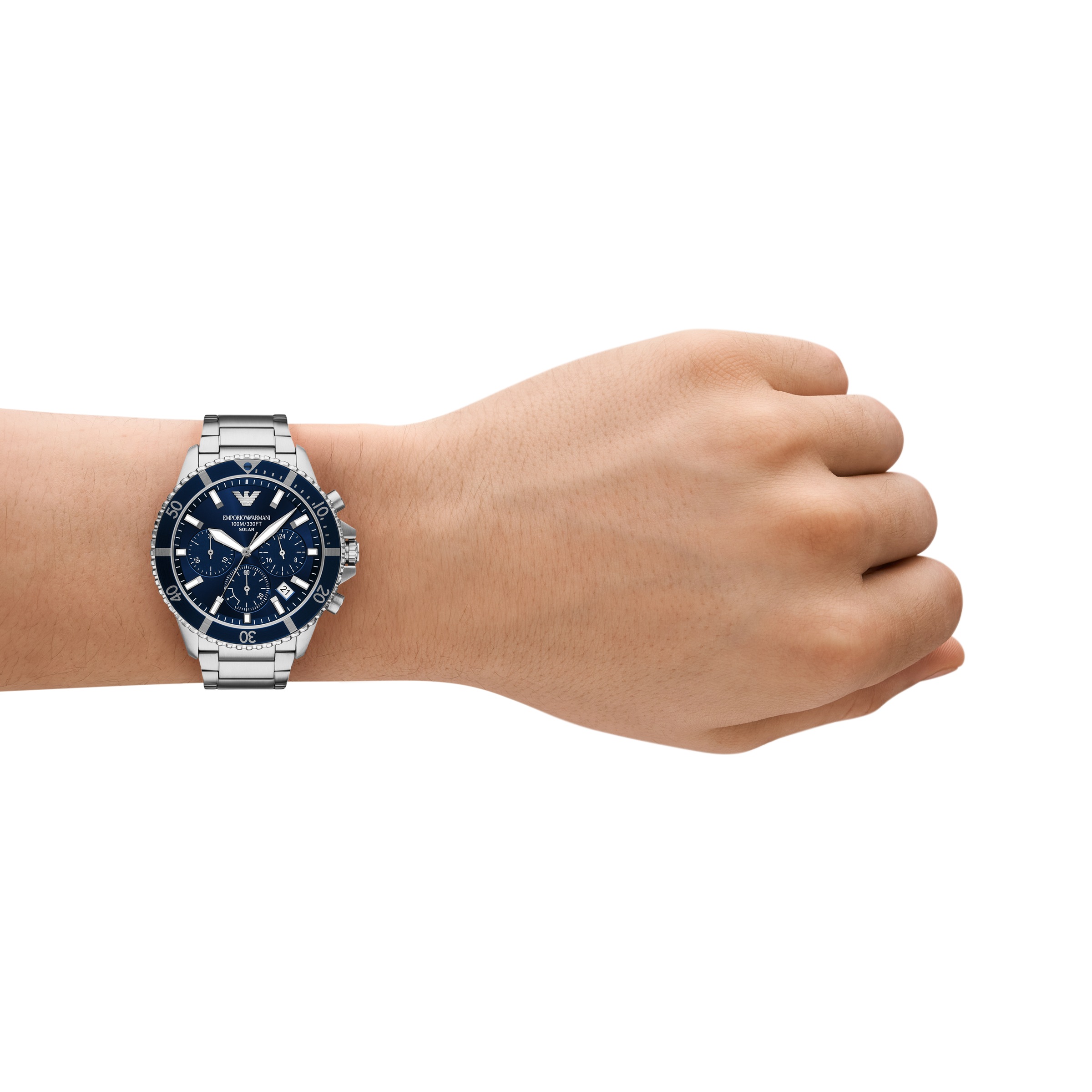 Emporio Armani Chronograph Armbanduhr, Solar, Herrenuhr, Edelstahlarmband, analog, Tag