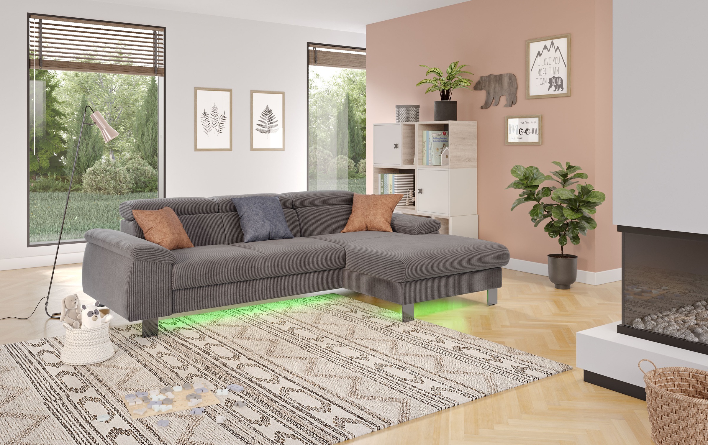 COTTA Ecksofa Komaris, Ecksofa, wahlweise mit RGB-LED-Beleuchtung und Bettfunktion/Bettkasten