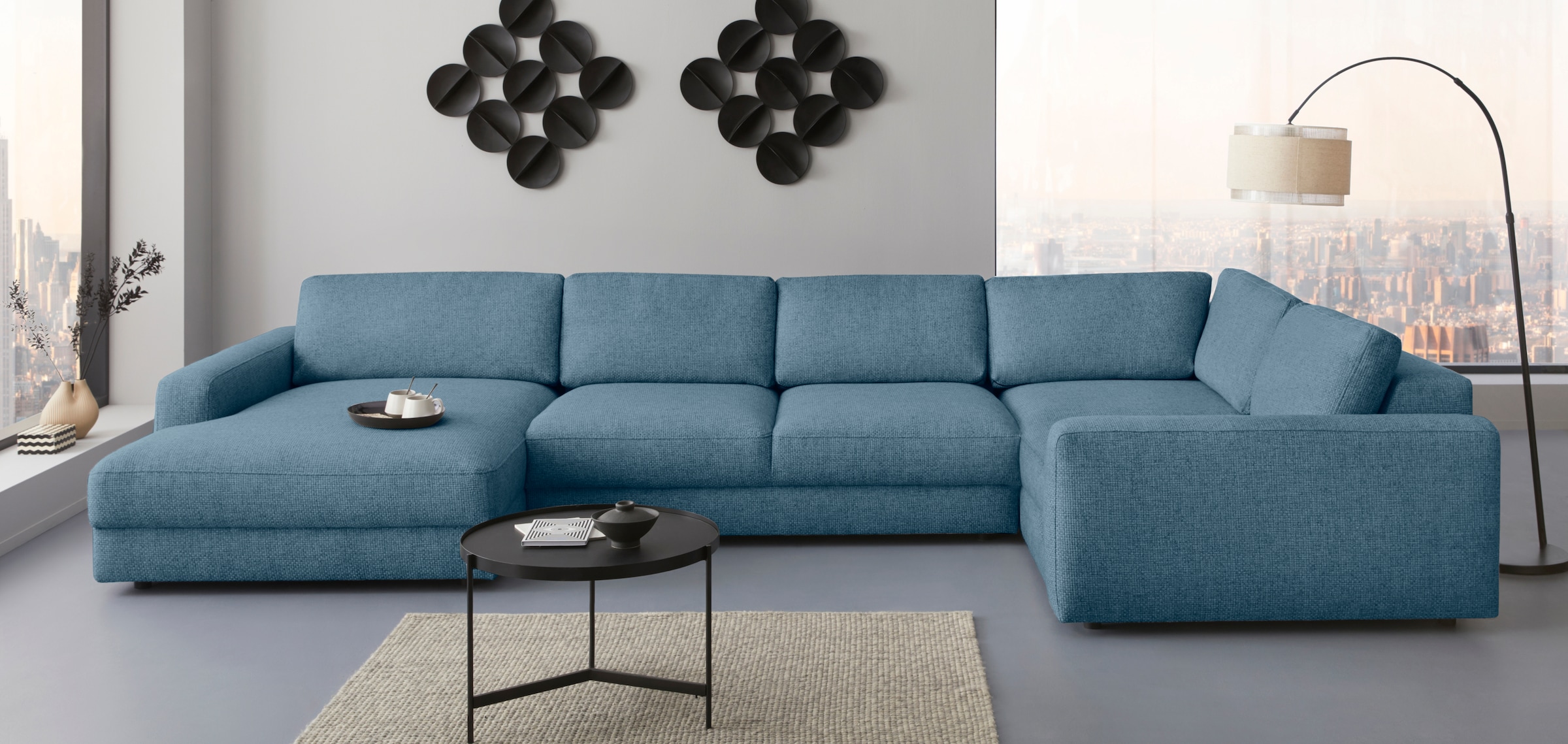 Wohnlandschaft HOME AFFAIRE "Bloomfield, Mega Polsterprogramm, Breite 405cm, viel Platz, U-Form", blau (tepestry), B:405cm H:84cm T:224cm, 100% Polyester, Sofas, Wohnlandschaft, mit extra tiefer Sitzfläche, wahlweise mit Sitztiefenverstellung 4