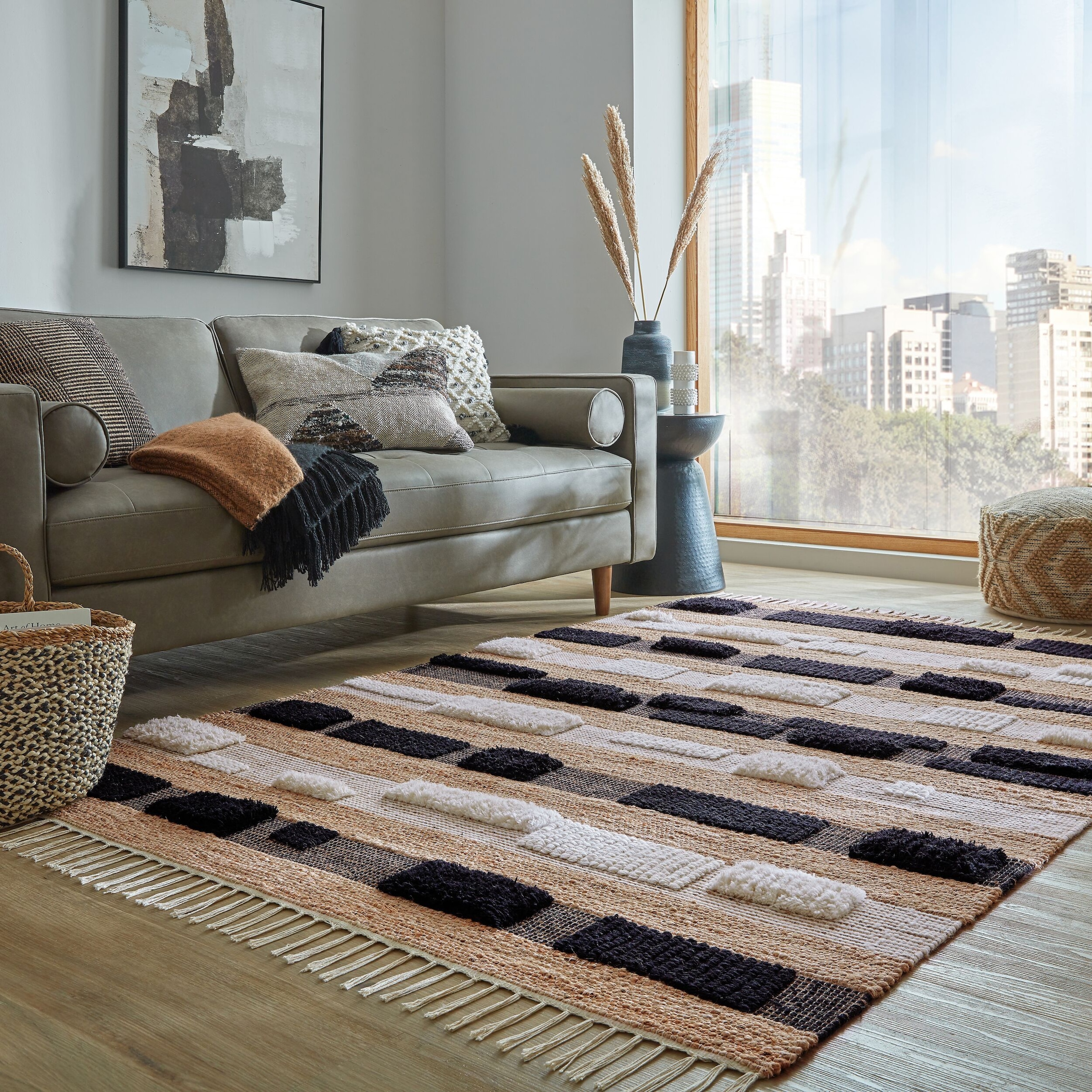 Teppich FLAIR RUGS "Medina Blocks, mit abstrakten Linien", grau (monochrome), B:160cm H:22mm L:230cm, Jute, Wolle, Teppiche, Teppich, aus Jute/-und Wollmischung, mit Hoch-Tief-Struktur, gemustert