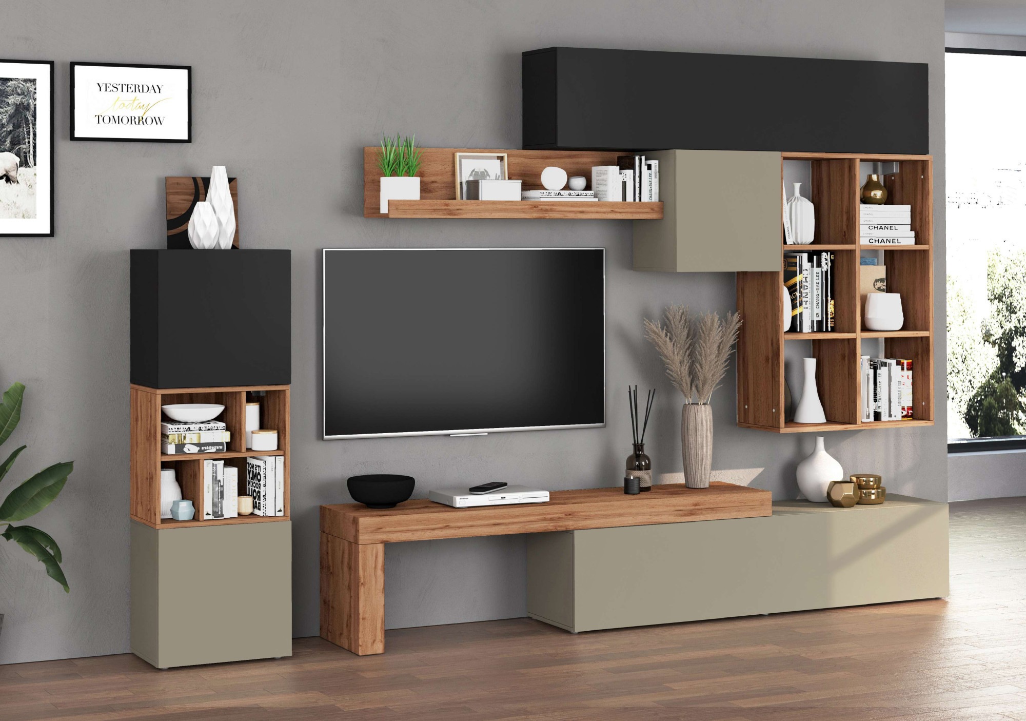 INOSIGN Wohnwand »Chronos Wohnwand, Medienwand, 8-er set«, (Set, 8 St.), ca. 320 cm mit Hängeschränke, Würfel, Regal, Lowboard, Made in Italy