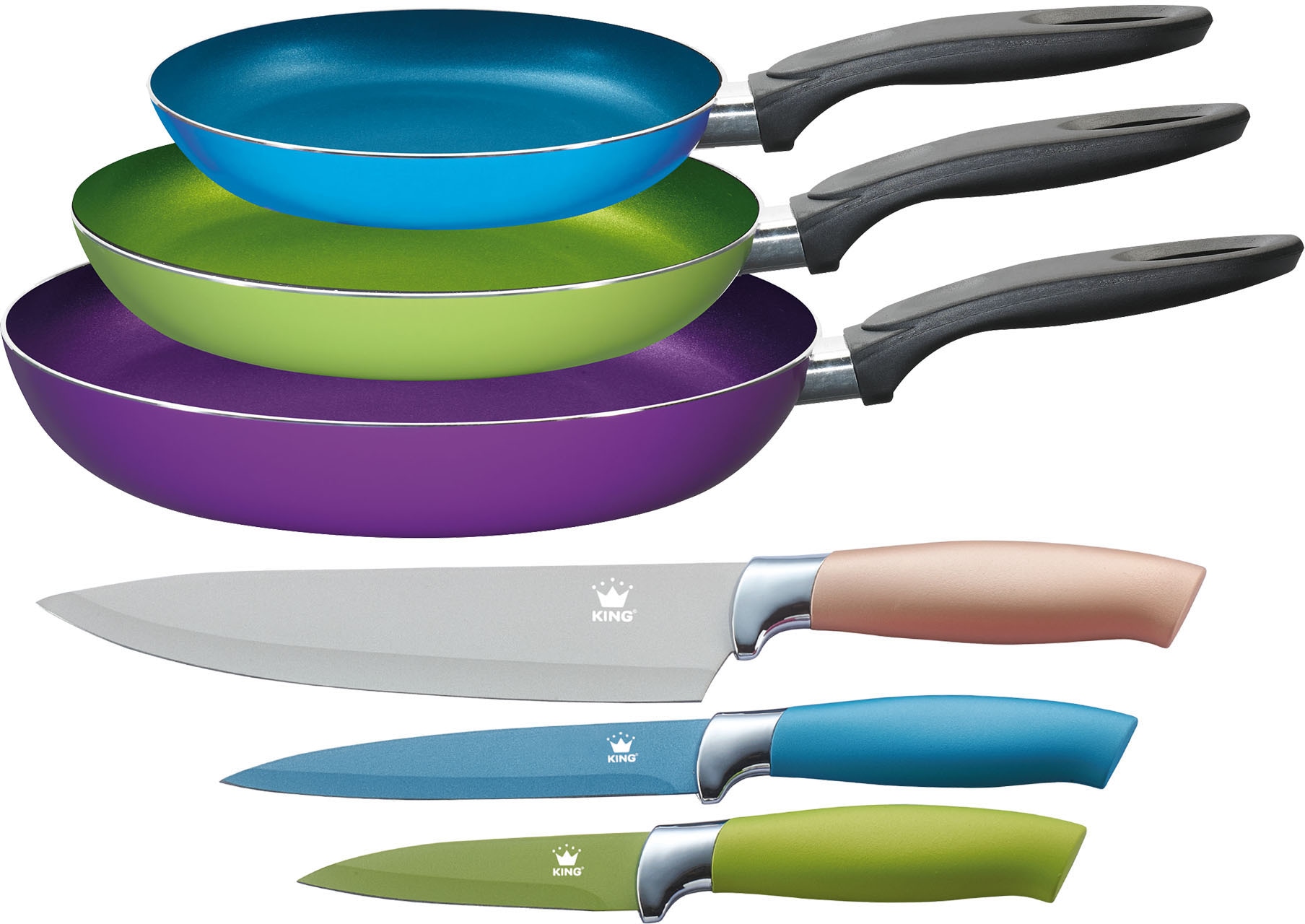 KING Pfannen-Set »Küchenstart«, Aluminium, (Set, 6 tlg., 3 Pfannen, 3 Messer),  Ø 20, 24, 28 cm, Induktion, Keramikbeschichtung kaufen | BAUR