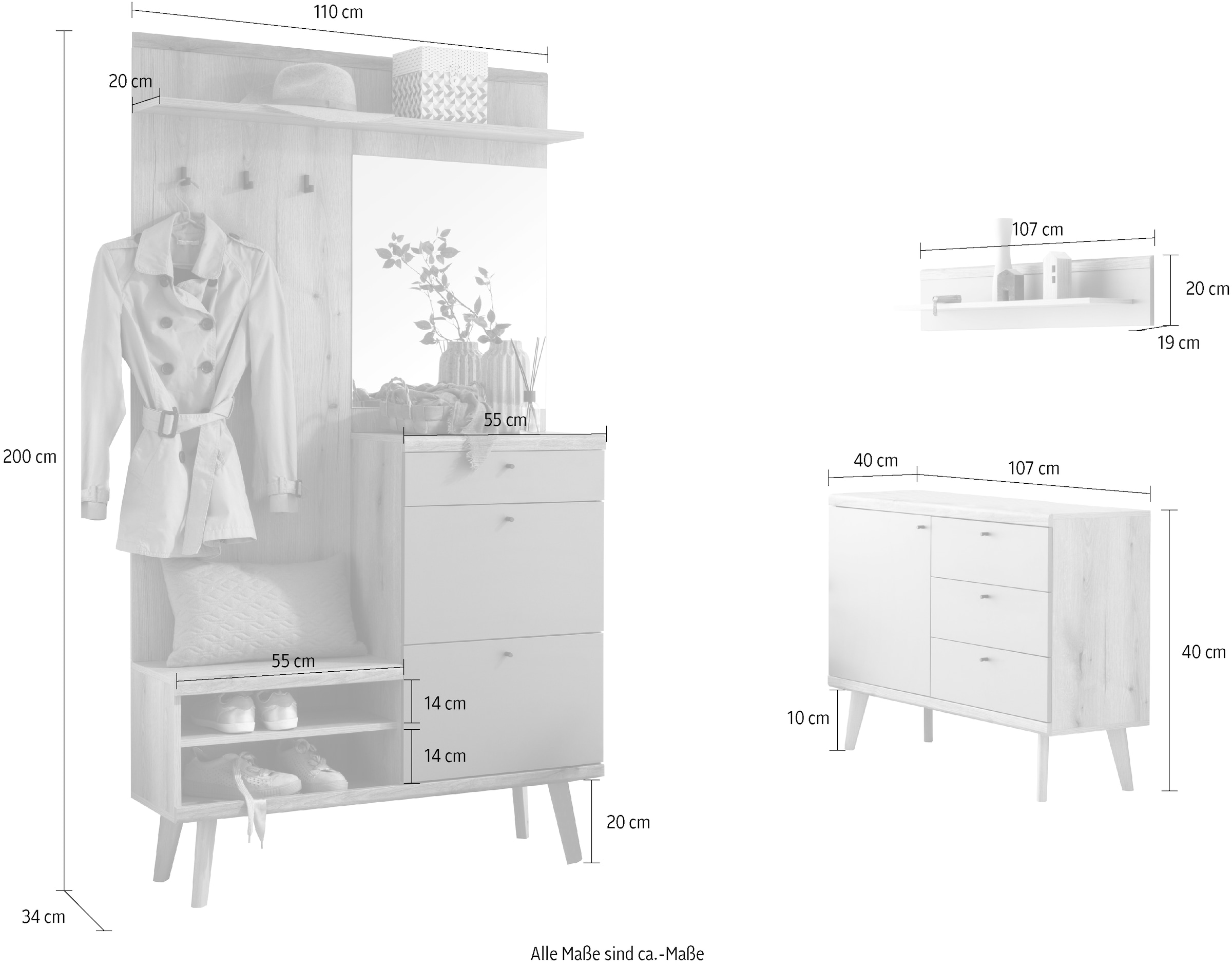 INOSIGN Garderoben-Set »Mavas, Garderobe mit Stauraum, Garderobenschrank im Scandic Design«, (Set, 3 St.), ausreichend Stauraum, für kleine Räume geeignet, 237 cm breit