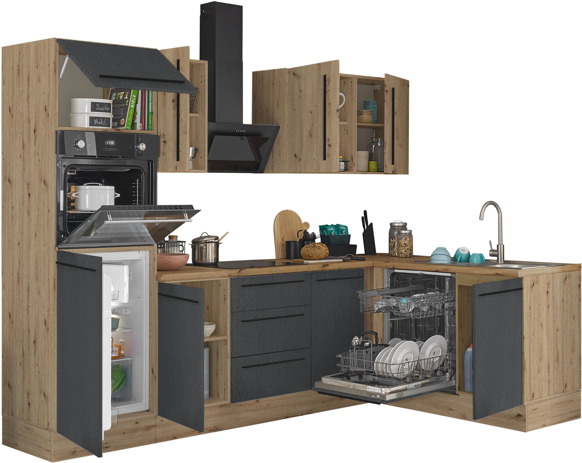 KOCHSTATION Winkelküche »Florida, Stellbreite 280x165 cm«, wahlweise mit E-Geräten, mit Softclose für Türen und Schubkästen