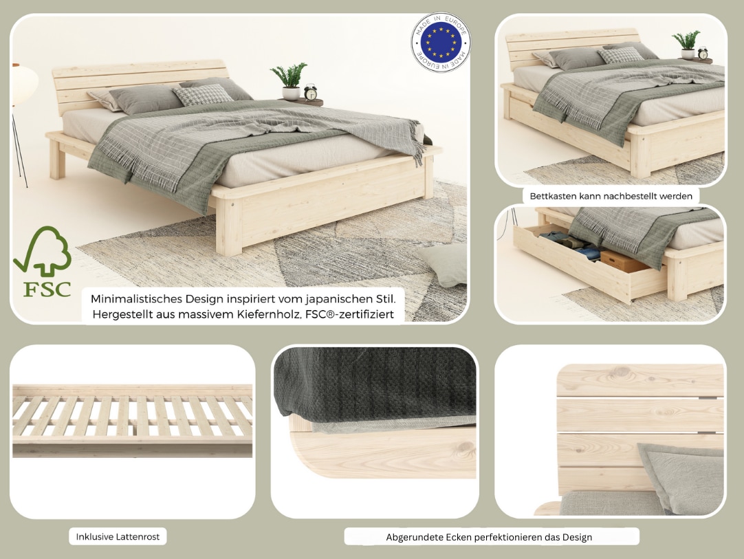 OTTO home Massivholzbett »Antri, Futonbett, ergonomisch geformtes Kopfteil, stilvolles Design« Rahmen zur Ablage von Smartphone, mit Lattenrost, Bettkasten optional