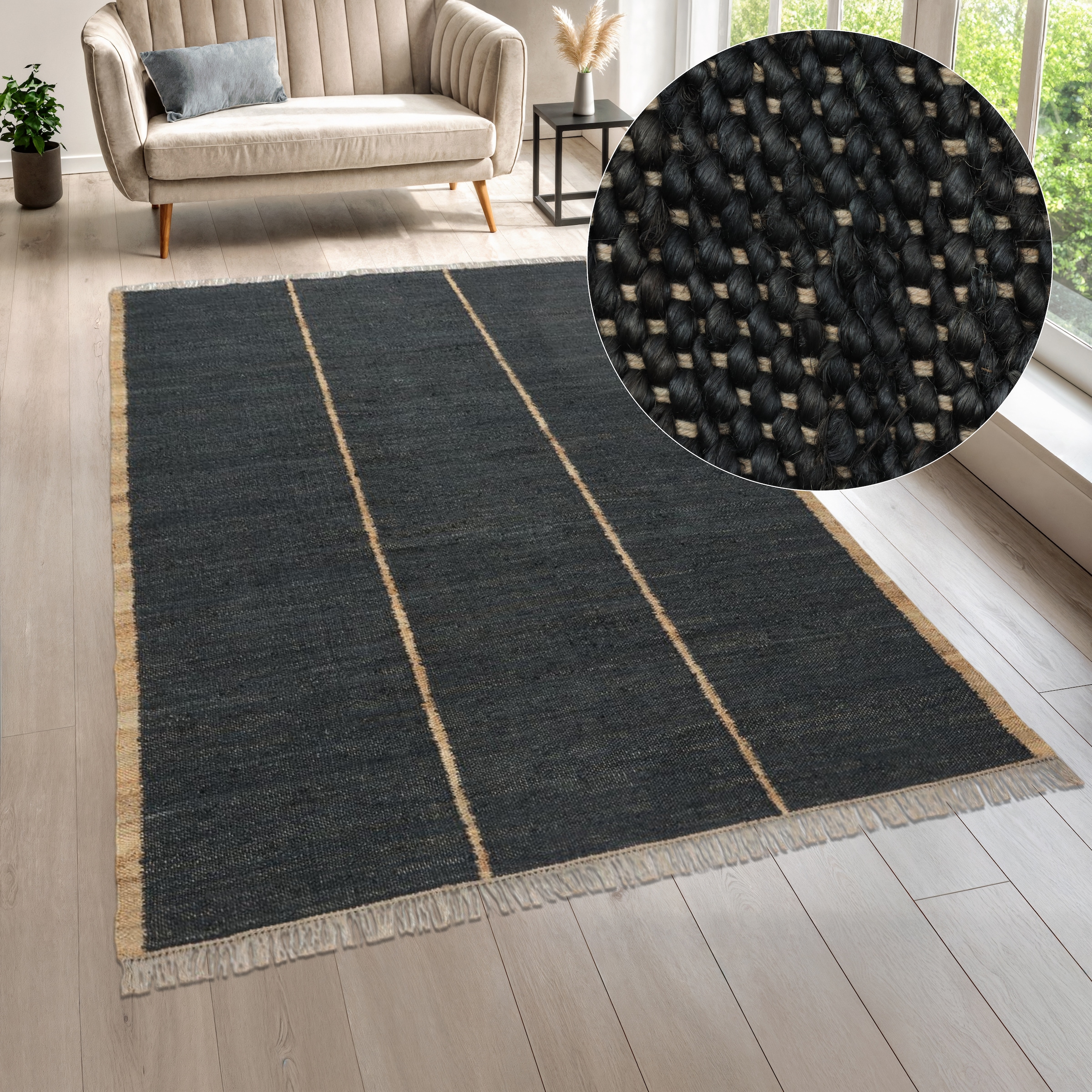 Teppich "Lenia, handgewebt, Jute", schwarz, B:200cm H:10mm L:300cm, Jute, LEGER HOME BY LENA GERCKE, Teppiche, Teppich, mit Fransen, Teppich, Wohnzimmer, Schlafzimmer, Esszimmer