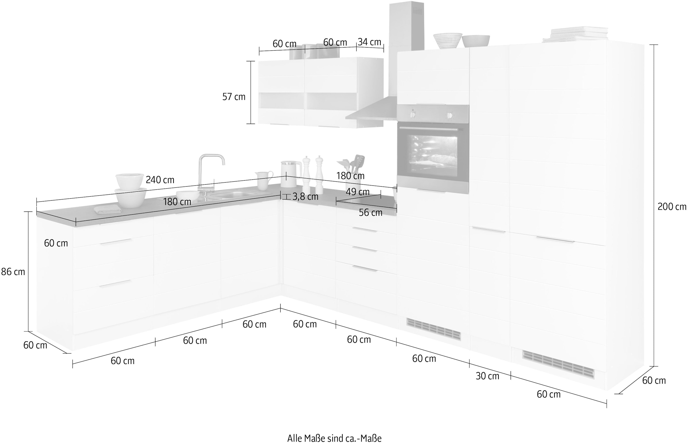 Kochstation Küche »KS-Luhe«, Stellbreite 240x330 cm, wahlweise mit oder ohne E-Geräten, MDF-Fronten