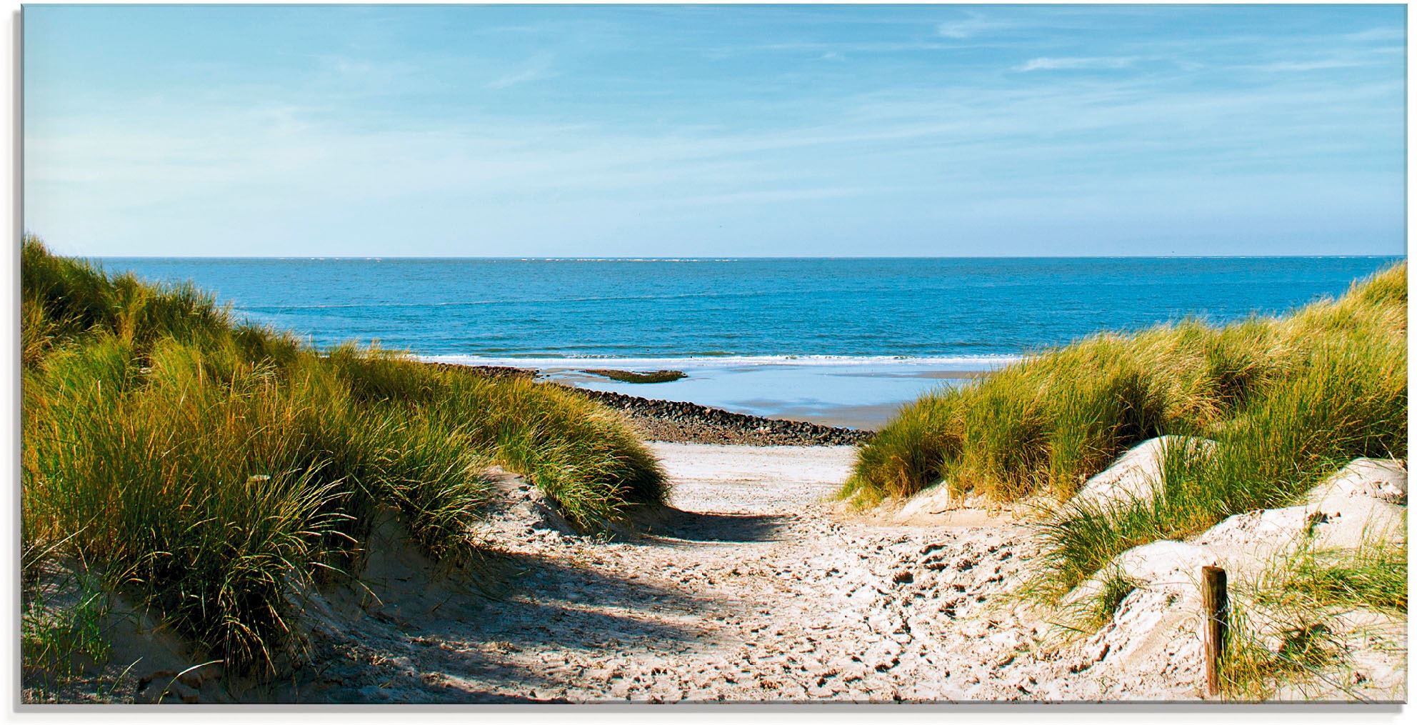 Glasbild ARTLAND "Strand mit Sanddünen und Weg zur See", beige (farbe bild(er): naturfarben), B:100cm H:50cm, Bilder, in verschiedenen Größen
