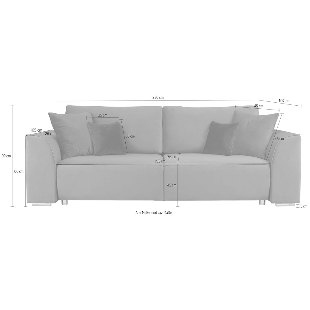 INOSIGN 3-Sitzer Beatrice Schlafsofa, wahlweise auch mit Bettfunktion und Bettkasten, incl. 2 Zierkissen