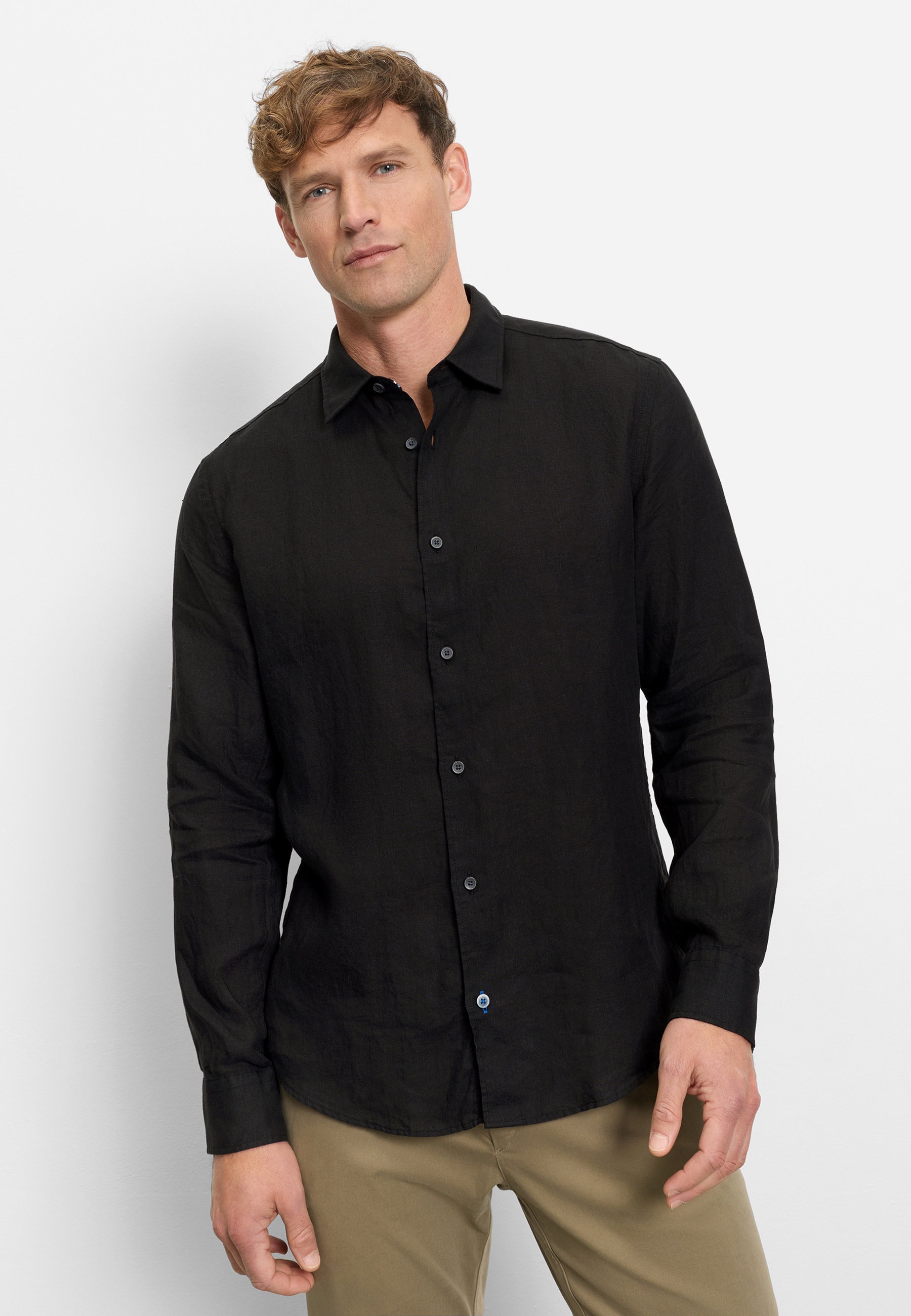 Langarmhemd OLYMP "OLYMP Casual, regular fit, Kent", Herren, Gr. XXL, Normaler Arm, schwarz, 100% Leinen, Hemden