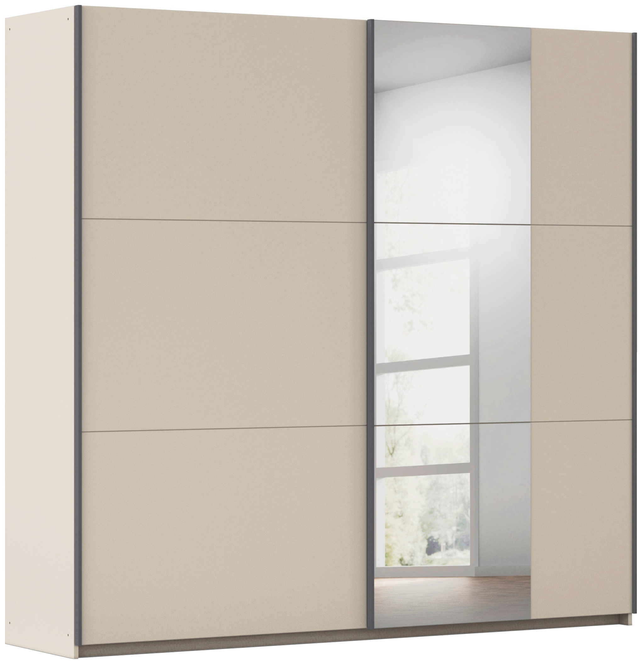 rauch Schwebetürenschrank "Kleiderschrank Drehtürenschrank Schrank Garderobe KRONACH" in 3 Ausstattungen BASIC/CLASSIC/PREMIUM, Breiten 131/175/218/261 cm, optional ohne, mit 1 oder 2 Spiegel, viel Stauraum MADE IN GERMANY
