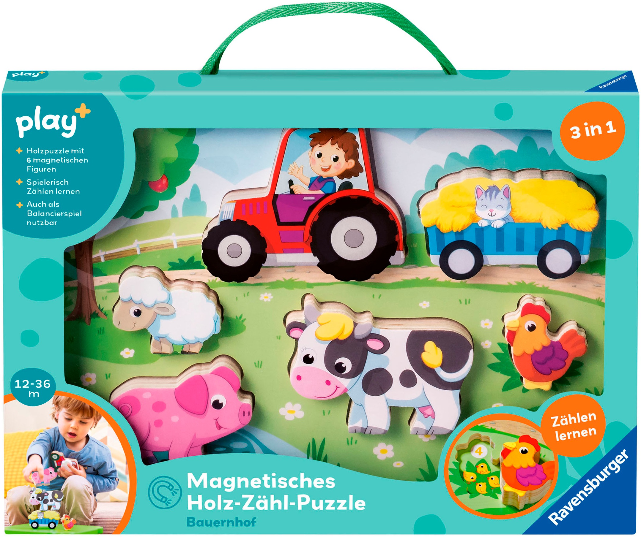 RAVENSBURGER Kinder Puzzle "Play+ Magnetisches Holz-Zähl-Puzzl Bauernhof"bunt, B:29,5cm H:22cm, Puzzles