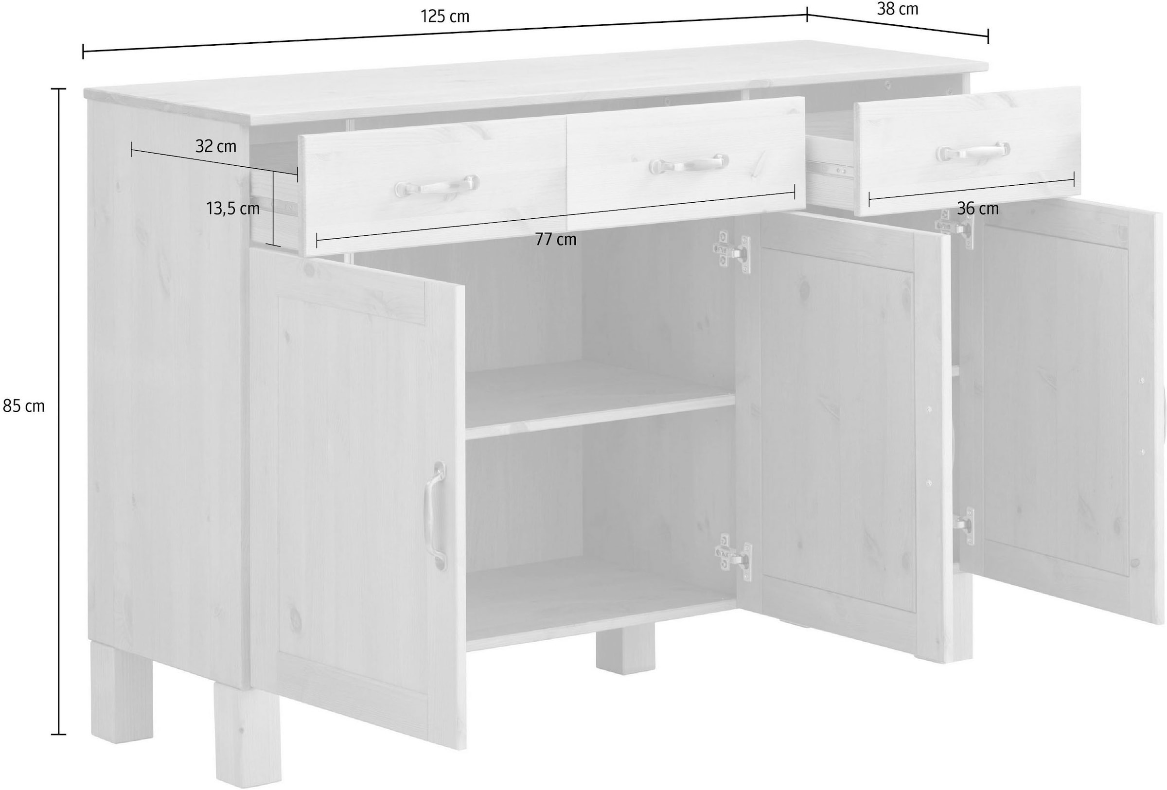 Home affaire Sideboard »Alby« Breite 125 cm, 3 Türen, 2 Schubkästen