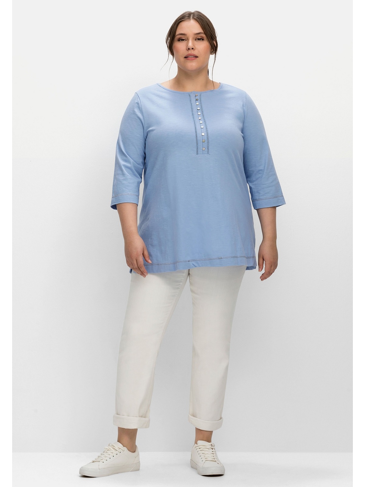 Sheego T-Shirt »Große Größen«, mit 3/4-Arm und Knopfleiste, aus Flammgarn  bestellen | BAUR | V-Shirts