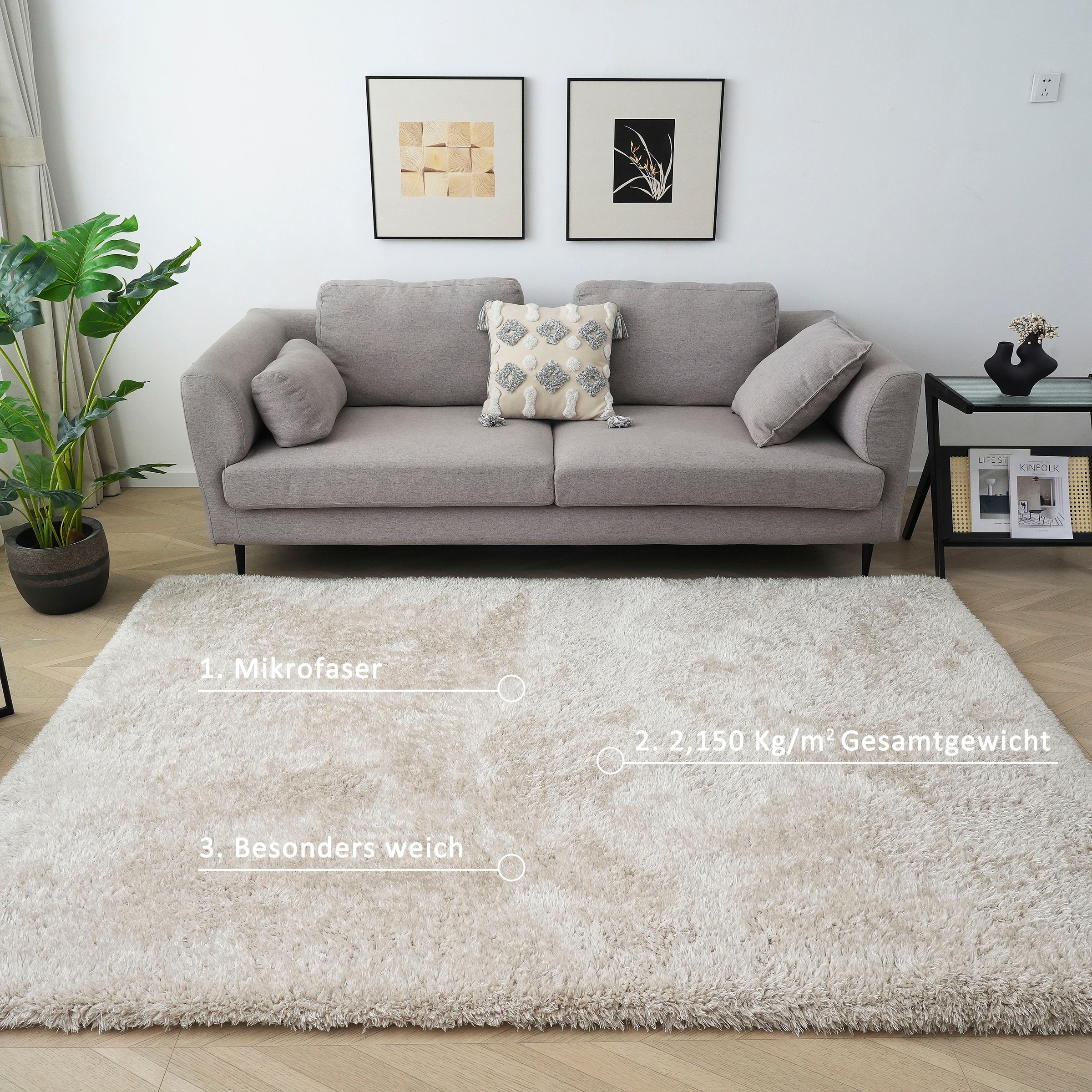 Hochflor-Teppich OTTO HOME "Micro Shaggy, aus weicher Mikrofaser" Gr. 33, beige, B:115cm H:53mm L:160cm, Kunstfaser, Teppiche, weich, flauschig, Uni-Farben, Wohnzimmer, Schlafzimmer, Kinderzimmer 3