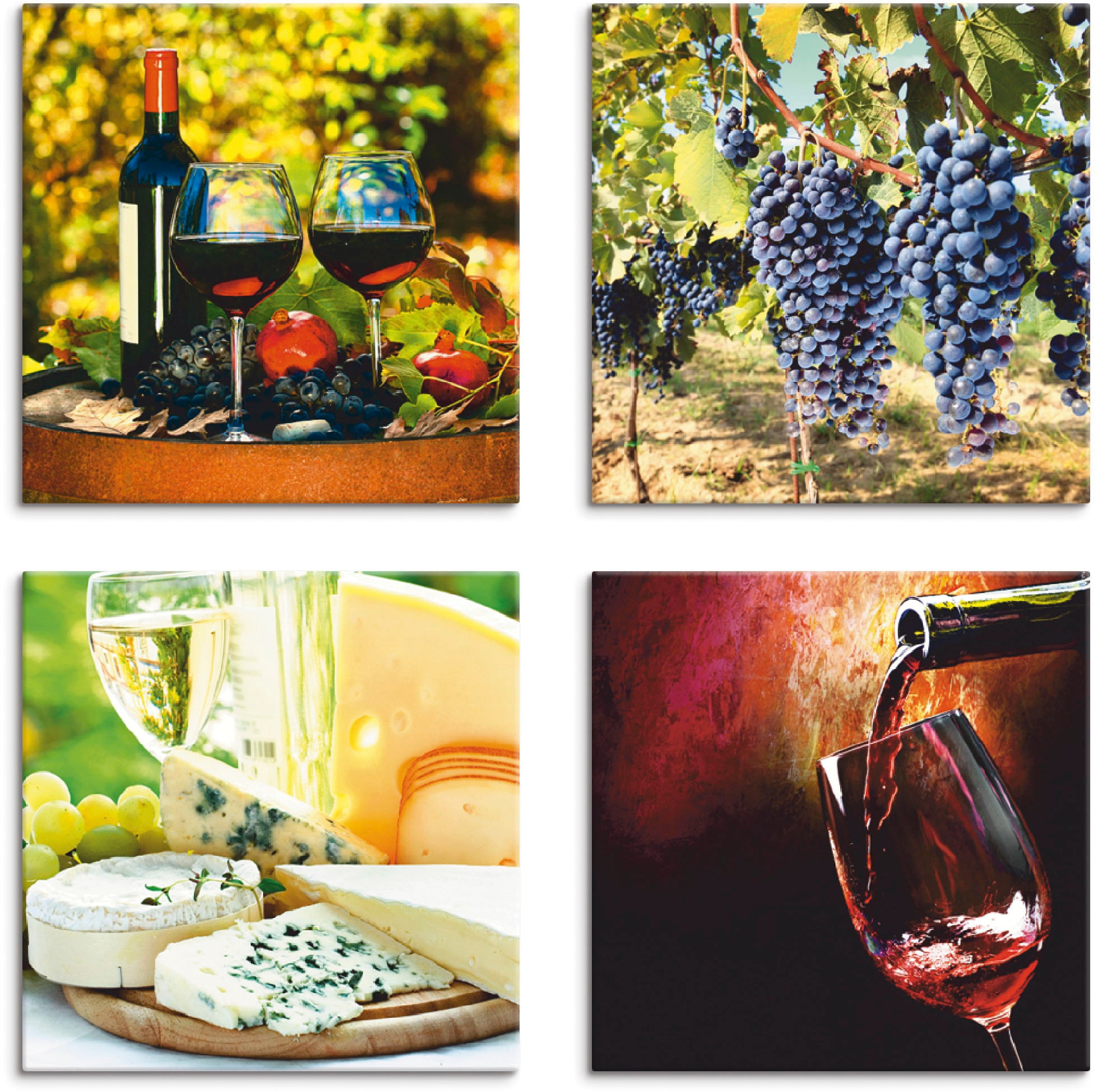 Artland Leinwandbild "Gläser Rotwein, Trauben, Käse", Getränke, (4 St.), 4er Set, verschiedene Größen