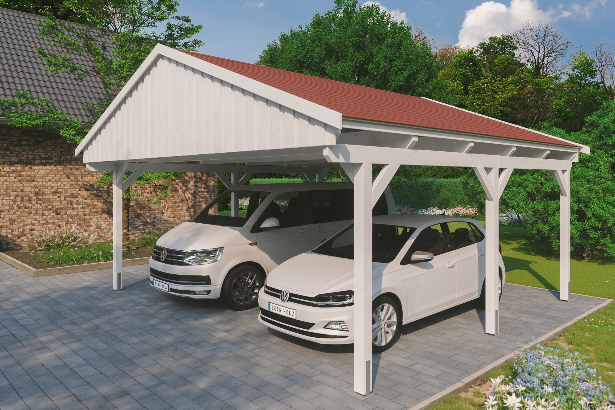 Skanholz Doppelcarport "Fichtelberg" Leimholz weiß mit roten Schindeln