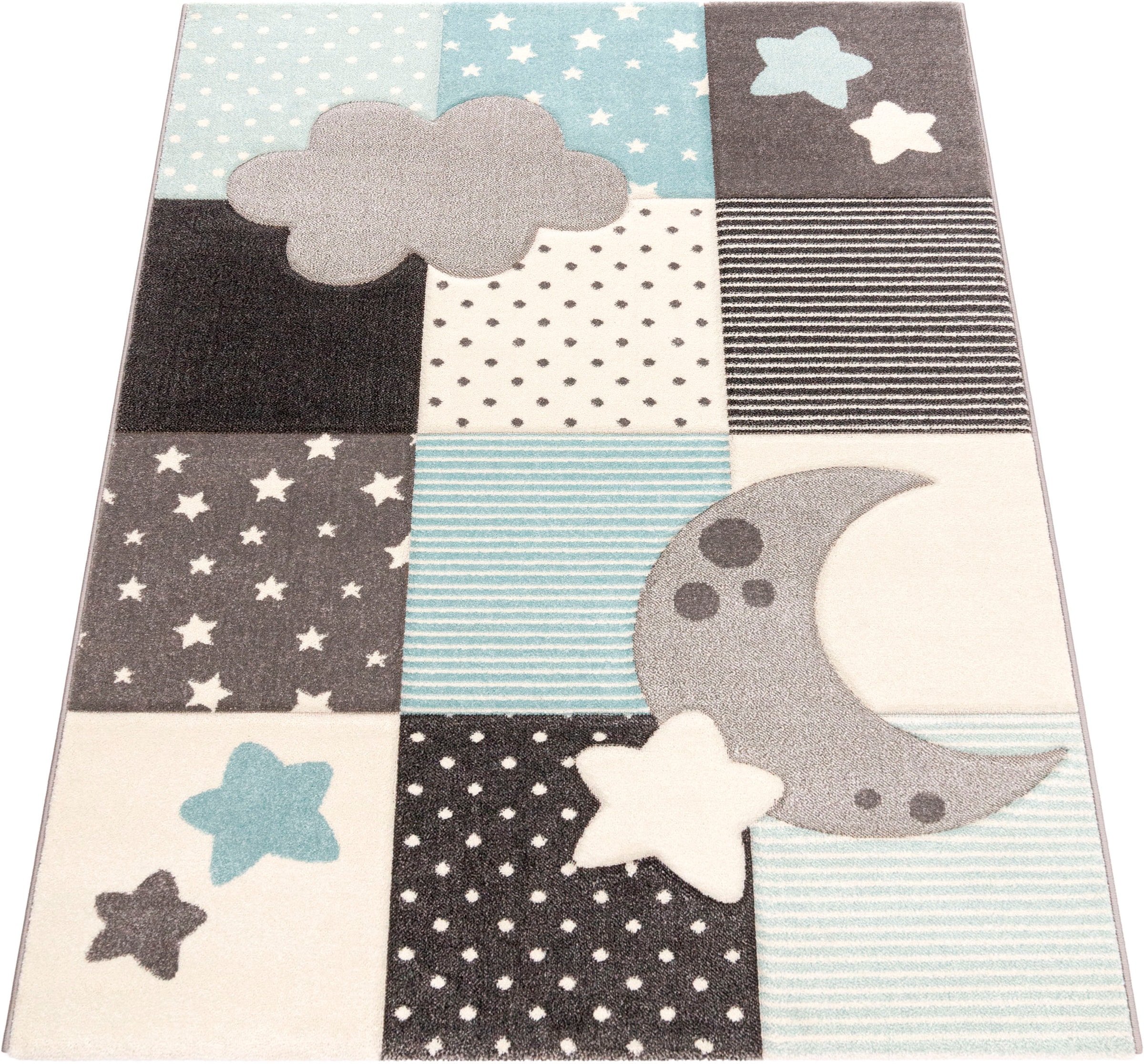 Paco Home Kinderteppich "Cosmo 755", rechteckig, 18 mm Höhe, 3D-Design, Patchwork Muster, Motiv Sterne, Wolken & Punkte,