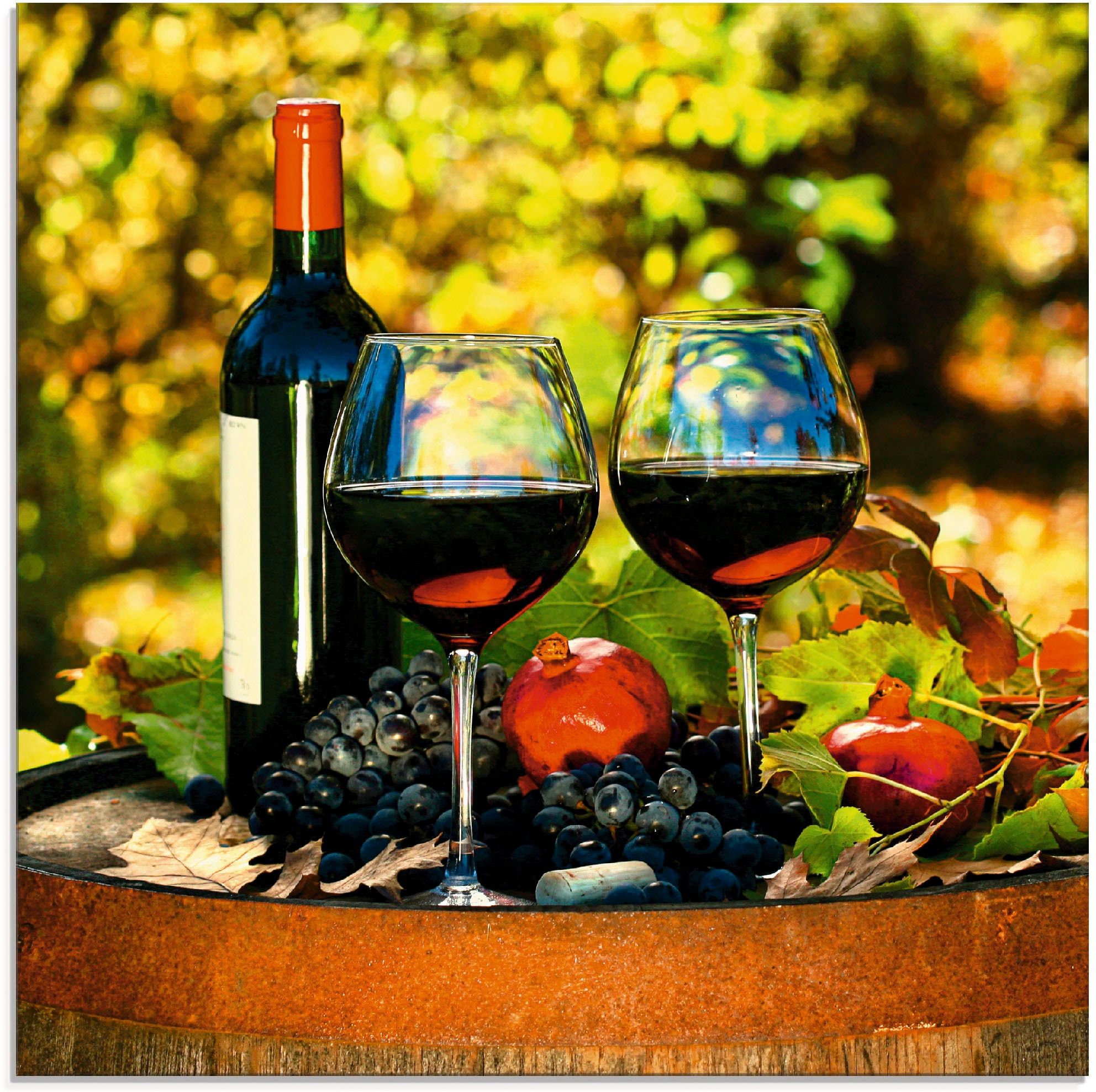 Artland Glasbild "Gläser Rotwein auf altem Fass", Getränke, (1 St.), in verschiedenen Größen