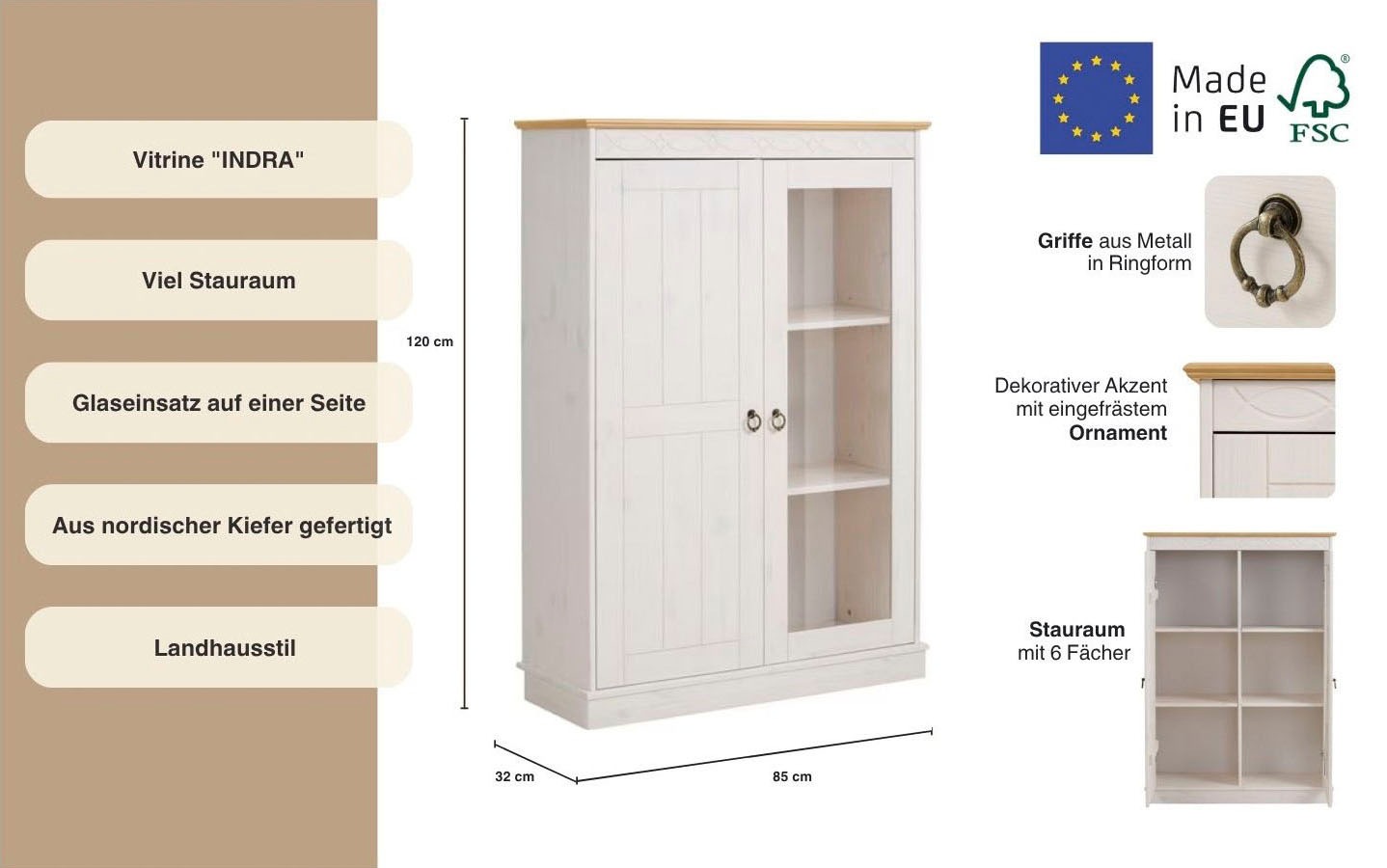Thumbnail - Home affaire Highboard "Indra", Vitrine, Breite 85 cm, aus massiver Kiefer