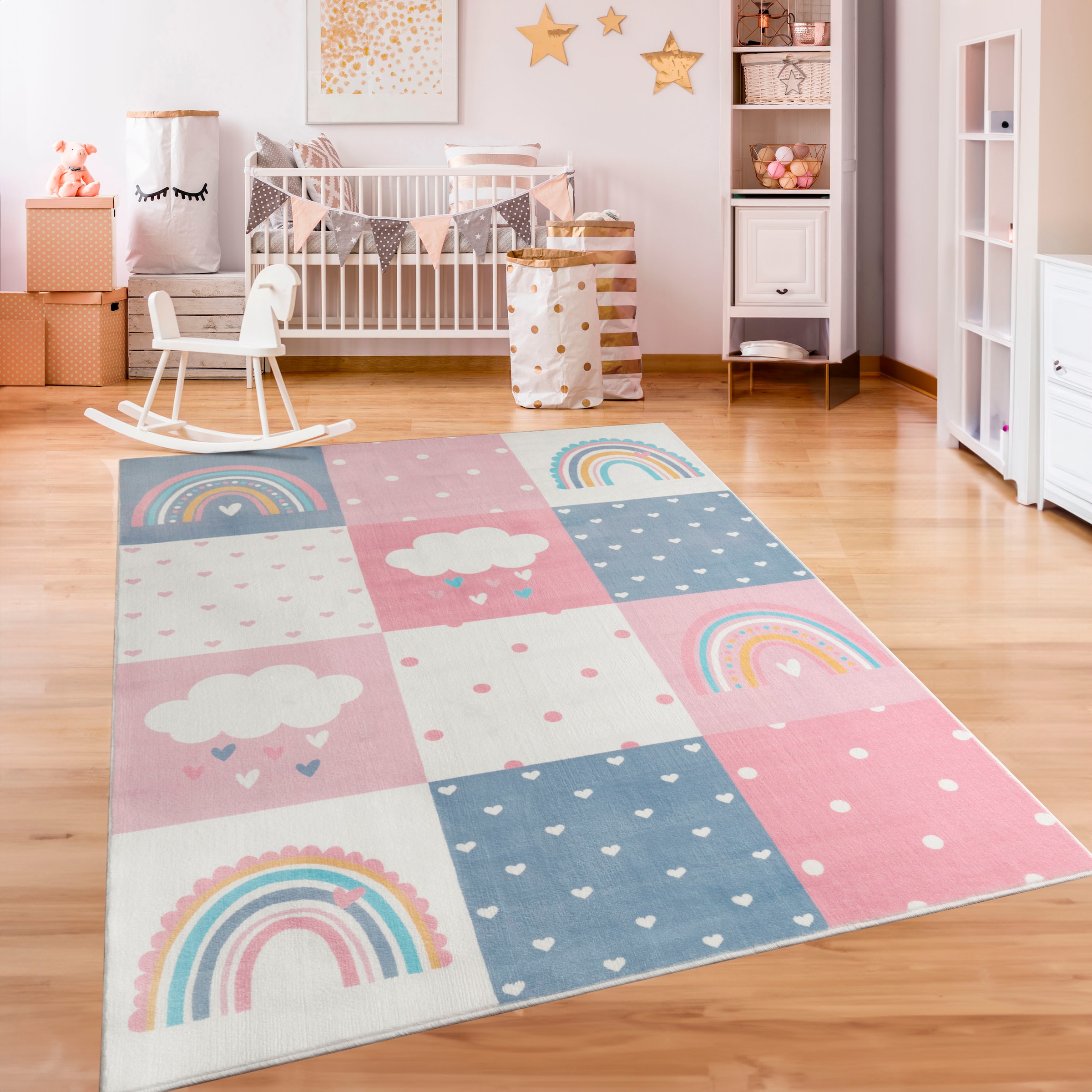 Paco Home Kinderteppich "Eliz 396", rechteckig, Spielteppich, Patchwork-Muster, Motiv Regenbogen, Wolke, Herz