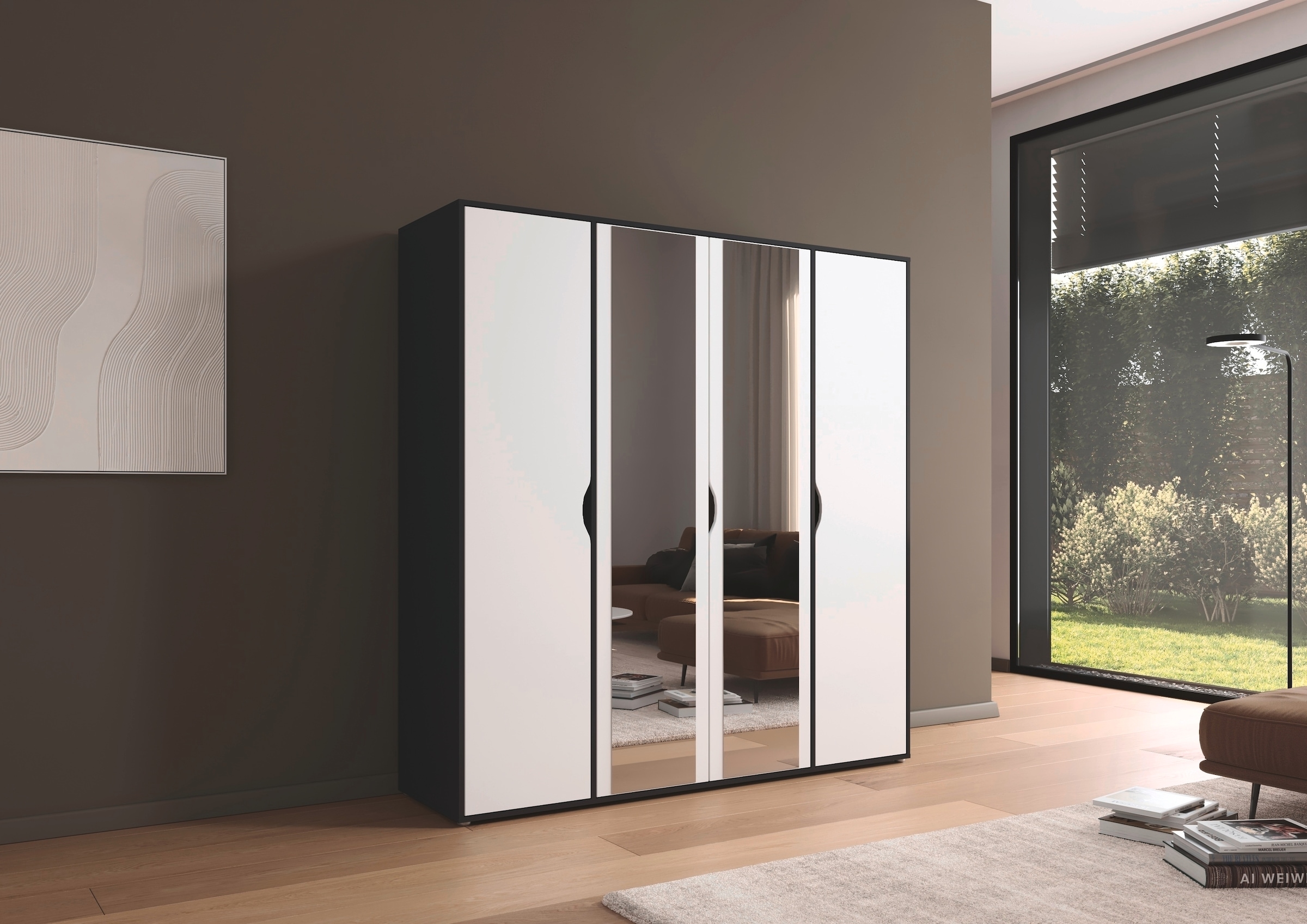 rauch Drehtürenschrank »Kleiderschrank Schrank Garderobe Wäscheschrank NARAI mit Spiegel«, (in 3 verschiedenen Ausstattungen BASIC/CLASSIC/PREMIUM), Griffausfräsungen für eine grifflose Optik TOPSELLER MADE IN GERMANY