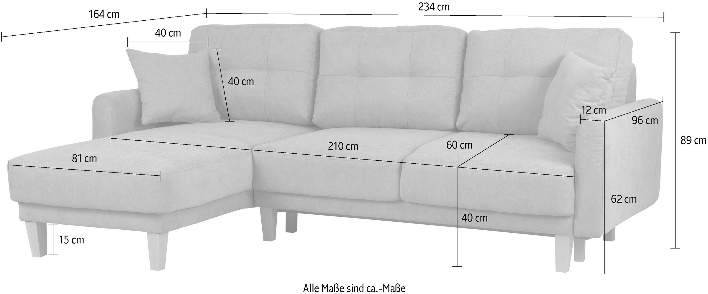 Home affaire Ecksofa »TRIPLO optionale Schlafsofa mit Bettkasten, Maße B/T/H: 234/164/89 cm«, L-Form wahlweise mit Bettfunktion - Liegefläche 132x210 cm