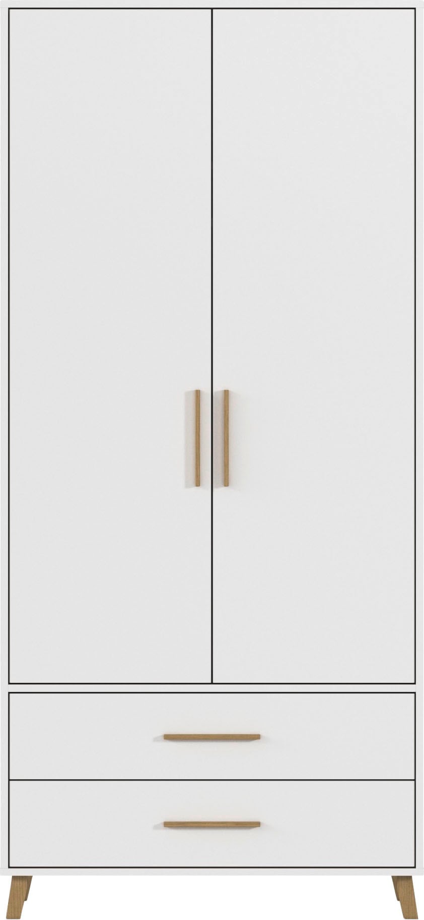 rauch Drehtürenschrank »Kleiderschrank Schrank Garderobe SHINJO Breiten 93/140/187 cm« in 3 verschiedenen Ausstattungen BASIC/CLASSIC/PREMIUM,  Griffe und Füße aus Massivholz mit 2 Schubladen MADE IN GERMANY