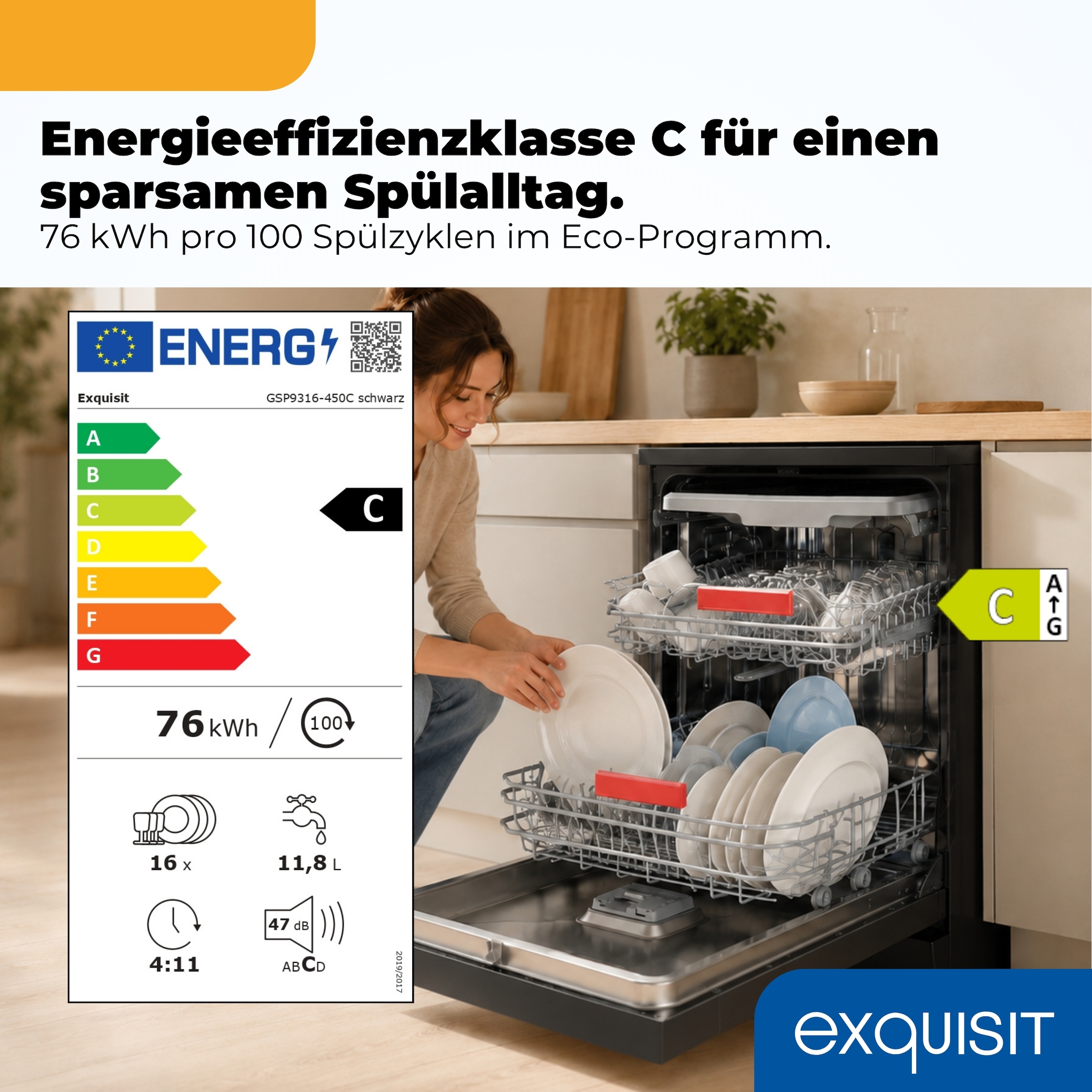 exquisit Standgeschirrspüler 9316 »GSP9316-450C schwarz« 10,9 l 16 tlg. Maßgedecke 16 Maßgedecke, LED, Besteckschublade, Auto Door Open, AquaStop