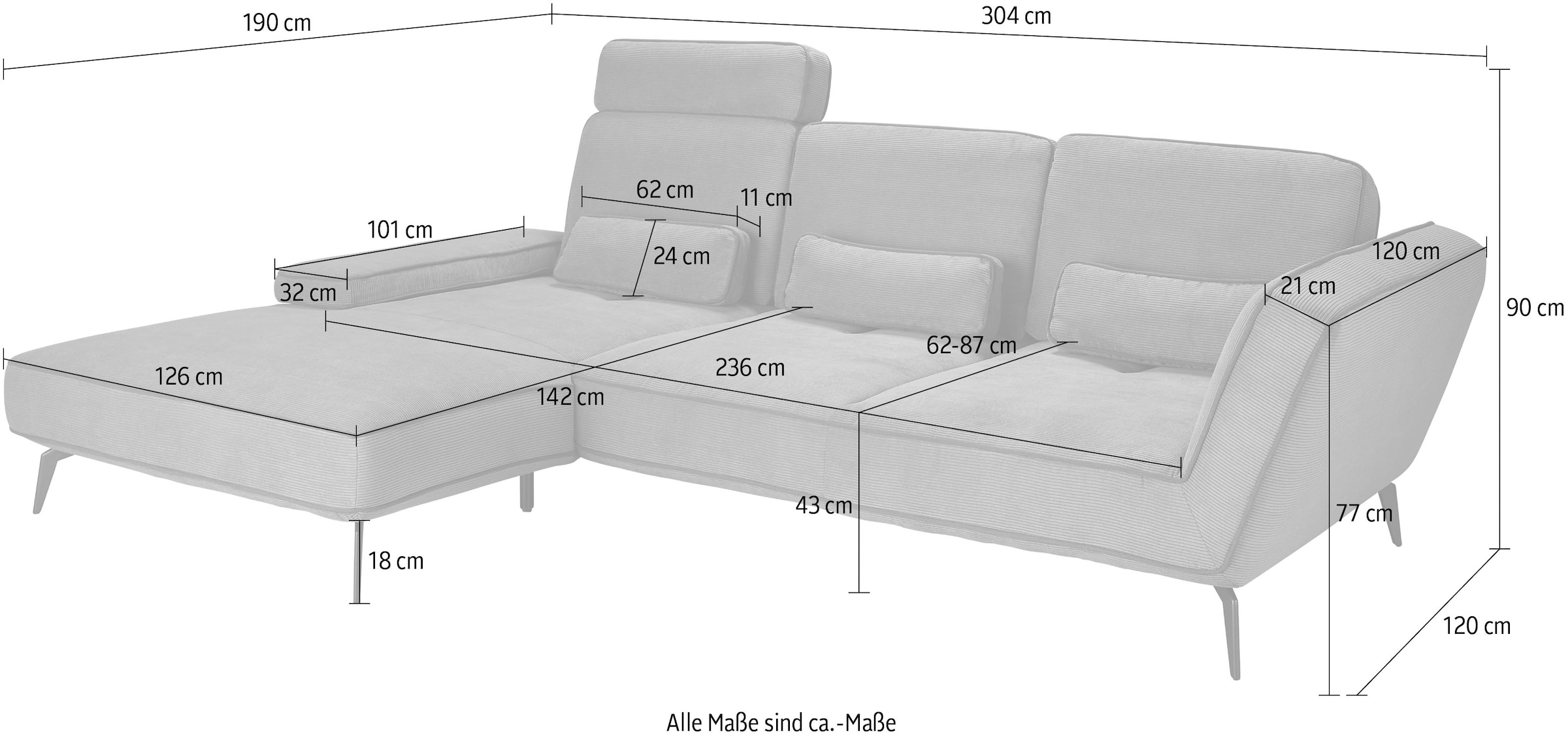 set one by Musterring Ecksofa »SO 4500, Füße schwarz matt, inkl Schwenkrückenfunktion, Cord, L-Form«, wahlweise mit Kopfstütze/Armteilverstellung/Rückenneigung