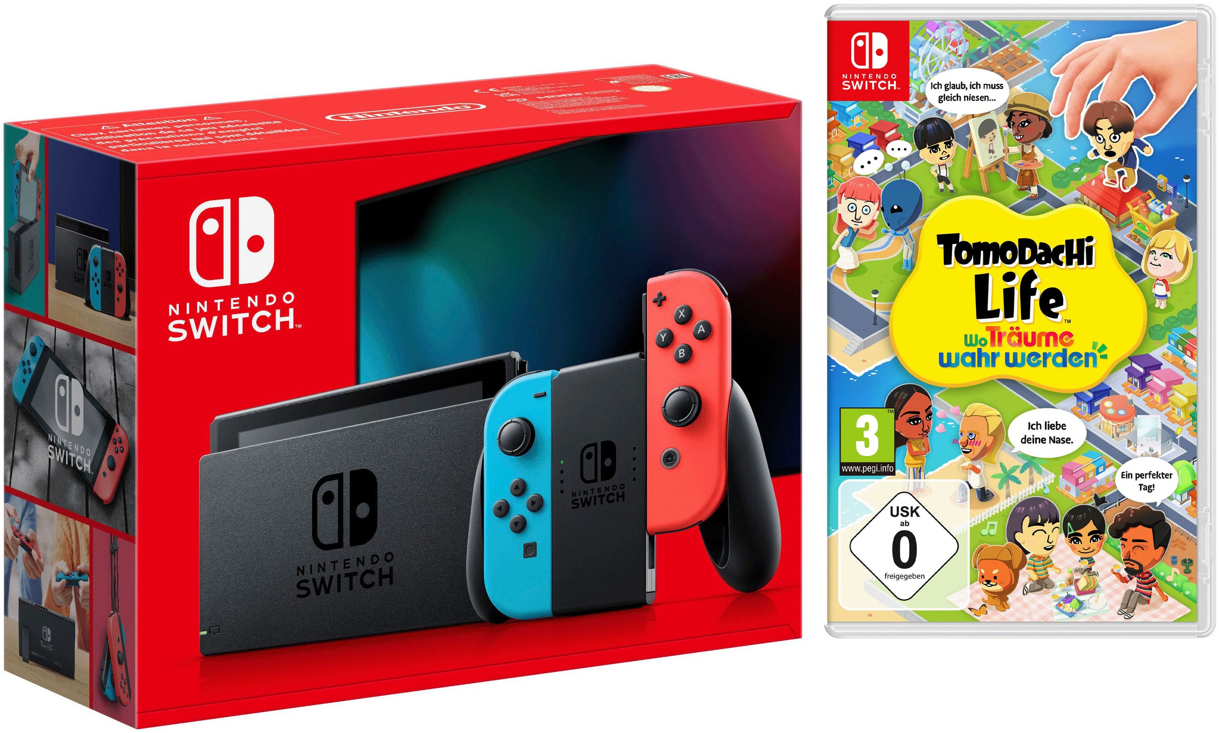 "NINTENDO SWITCH Spielekonsole ""Switch Neon-Rot/Neon-Blau inkl. Tomodachi Life"", schwarz (neonrot, neonblau), B:23,9cm H:10,2cm T:1,39cm