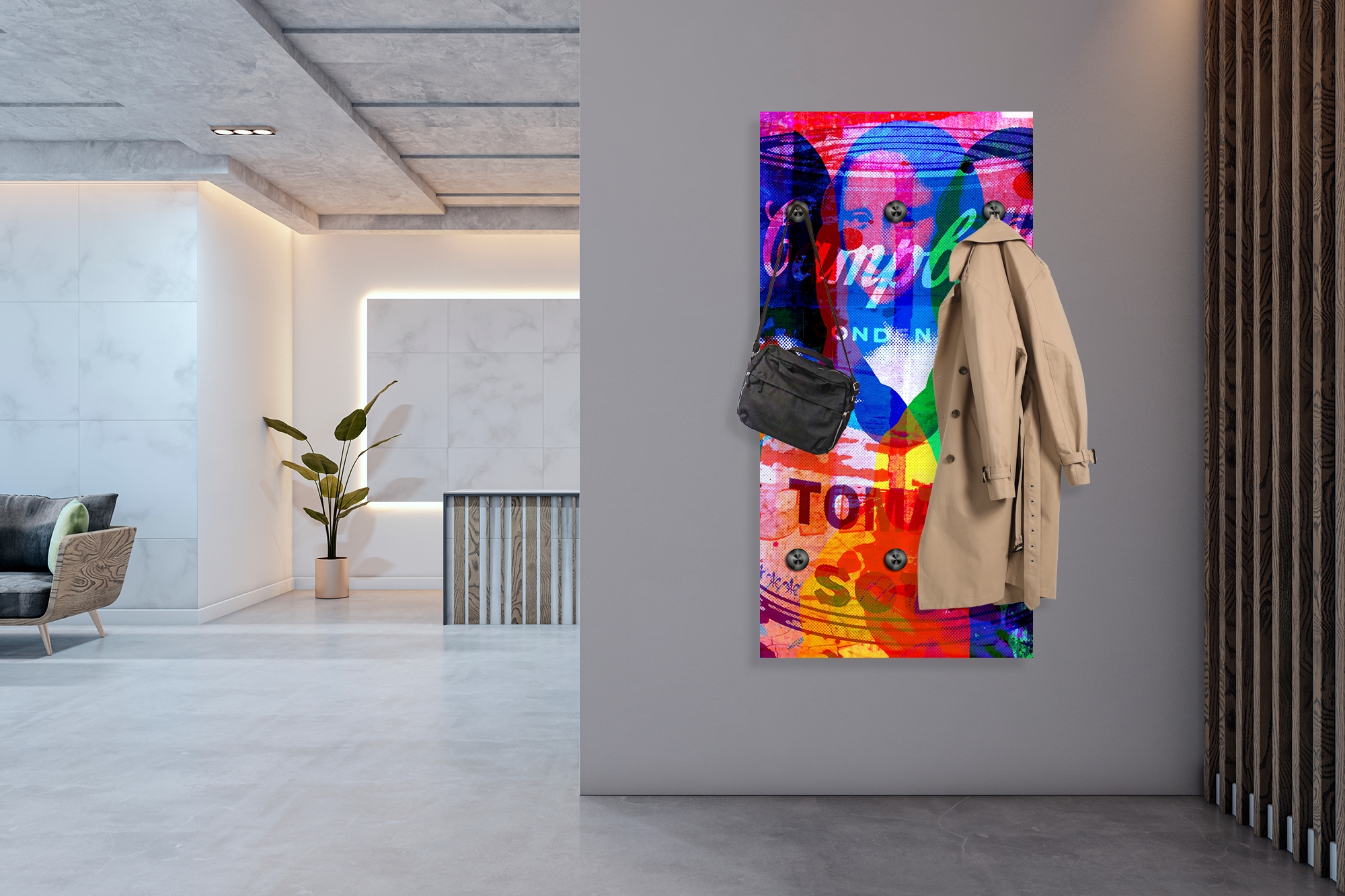 queence Wandgarderobe »Mona Lisa Abstrakt Collage« 1 Stk. tlg. Wandpaneel aus Acrylglas inkl. 6 Edelstahlhaken in schwarz matt