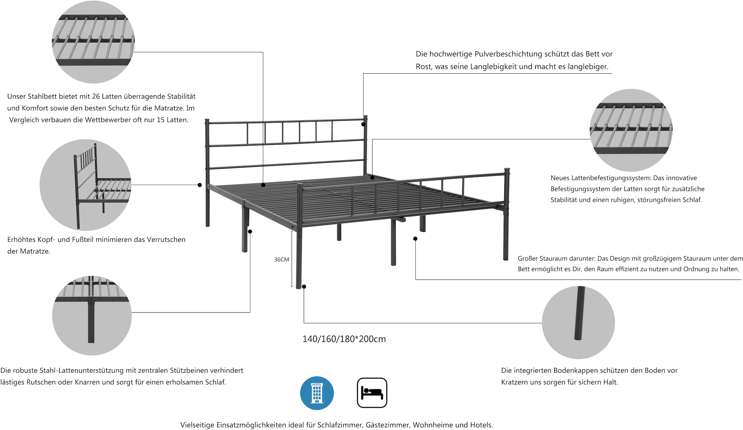 INOSIGN Metallbett »Amrum Bett Bettgestell Bettrahmen Einzelbett Doppelbett Stahlbett«, (in 4 Breiten wählbar - 90, 140, 160, 180 cm), Schlafzimmerbett inkl. 26 Lattenroste zum Schutz der Matratze